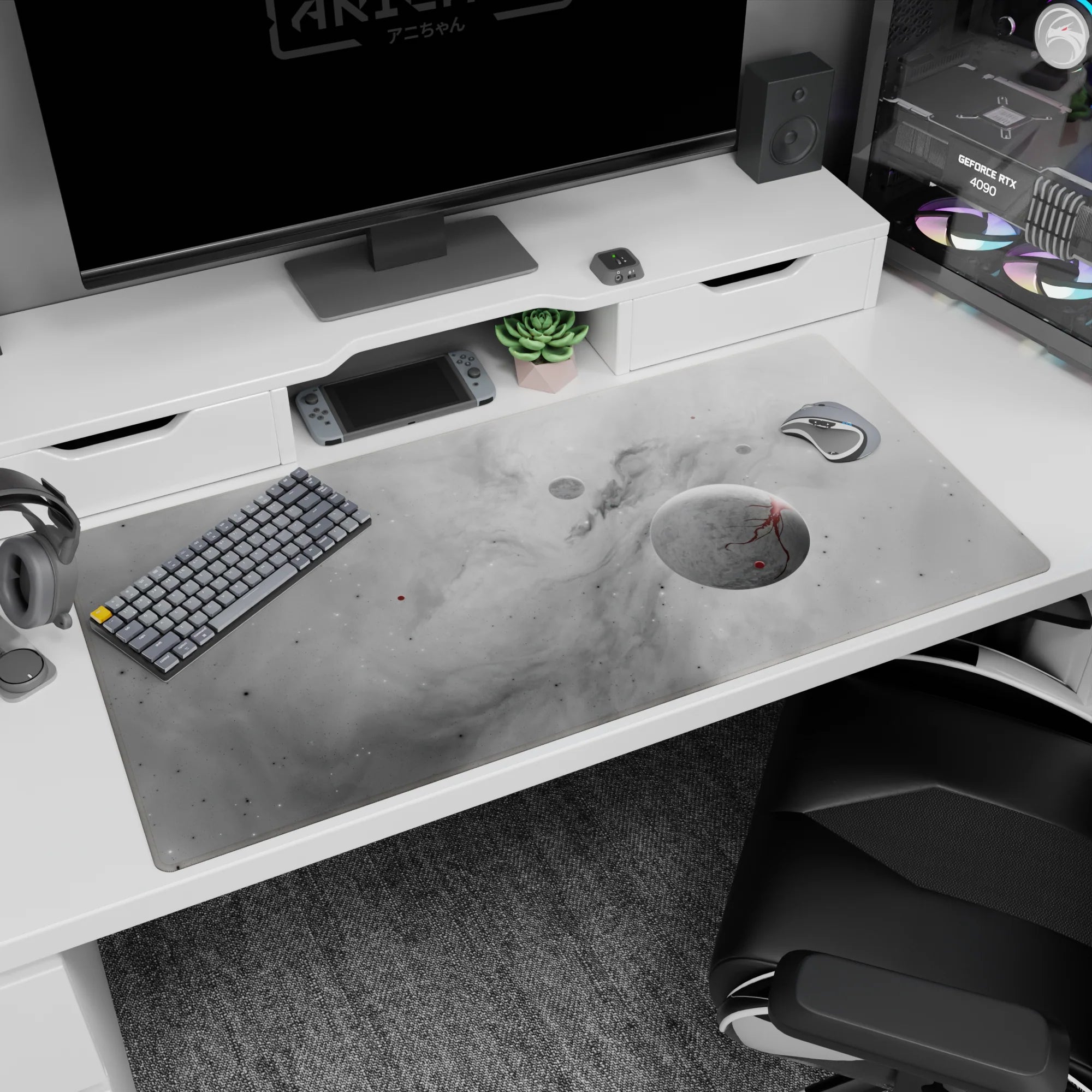 Smoky gray cosmic desk pad 40x20 inches with soft planets, subtle stars, and smooth surface for work or gaming.