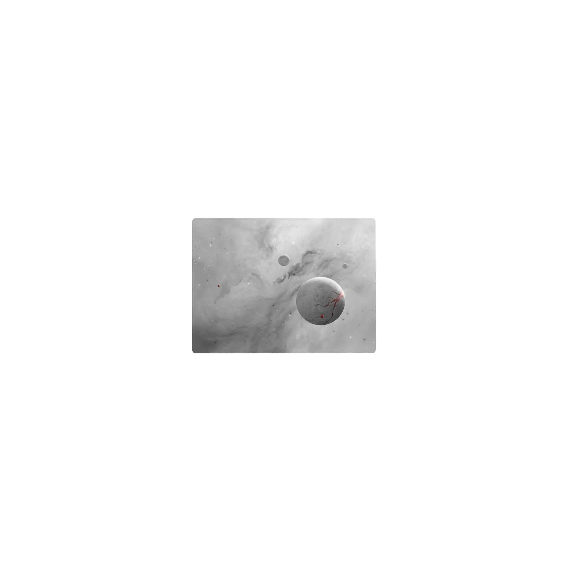 Smoky gray cosmic mouse pad with star and planet patterns, smooth surface, size 14x10 inches.