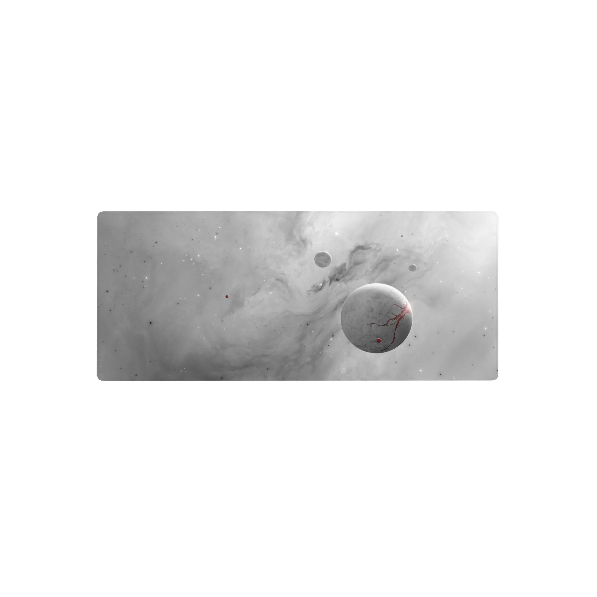 Cosmic gray and red desk mouse pad 28x12 inches featuring soft cloud gradients, stars, and subtle planet details.
