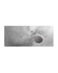 Cosmic gray and red desk mouse pad 28x12 inches featuring soft cloud gradients, stars, and subtle planet details.