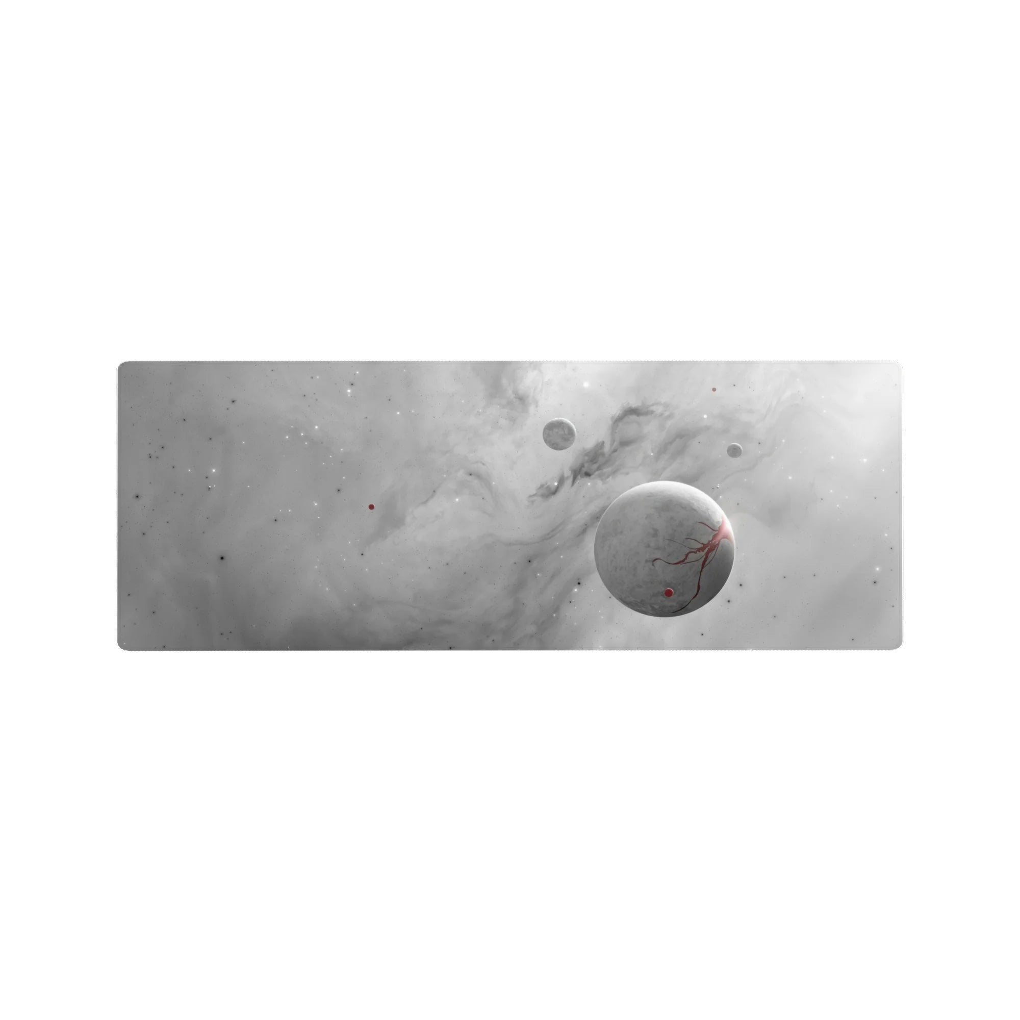 Large 32x12 inch desk mouse pad featuring dreamy smoky gray clouds, tiny stars, and soft planets for calm workspace.