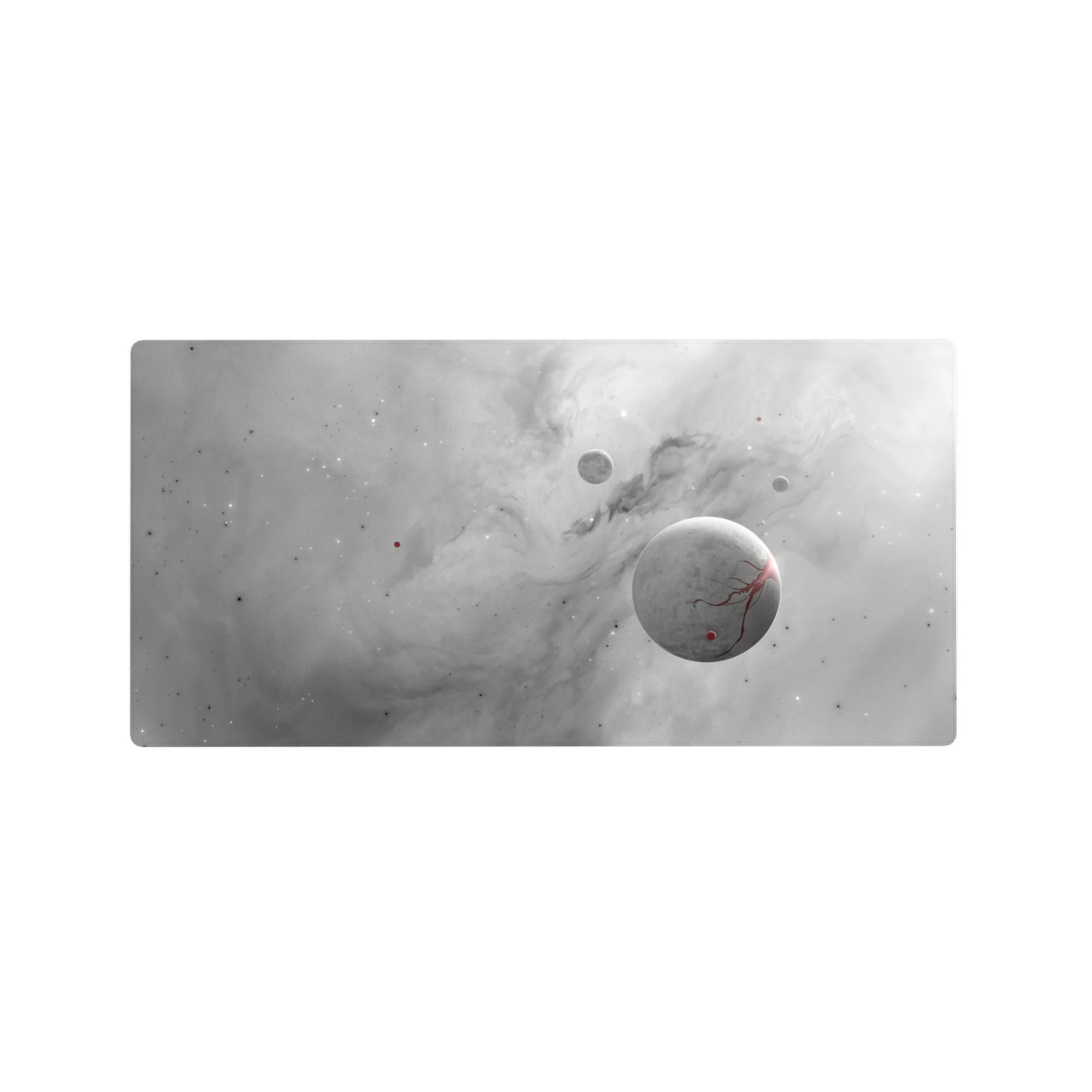 Cosmic desk mouse pad 32x16 inches with smoky gray clouds, subtle stars, and soft planet design.
