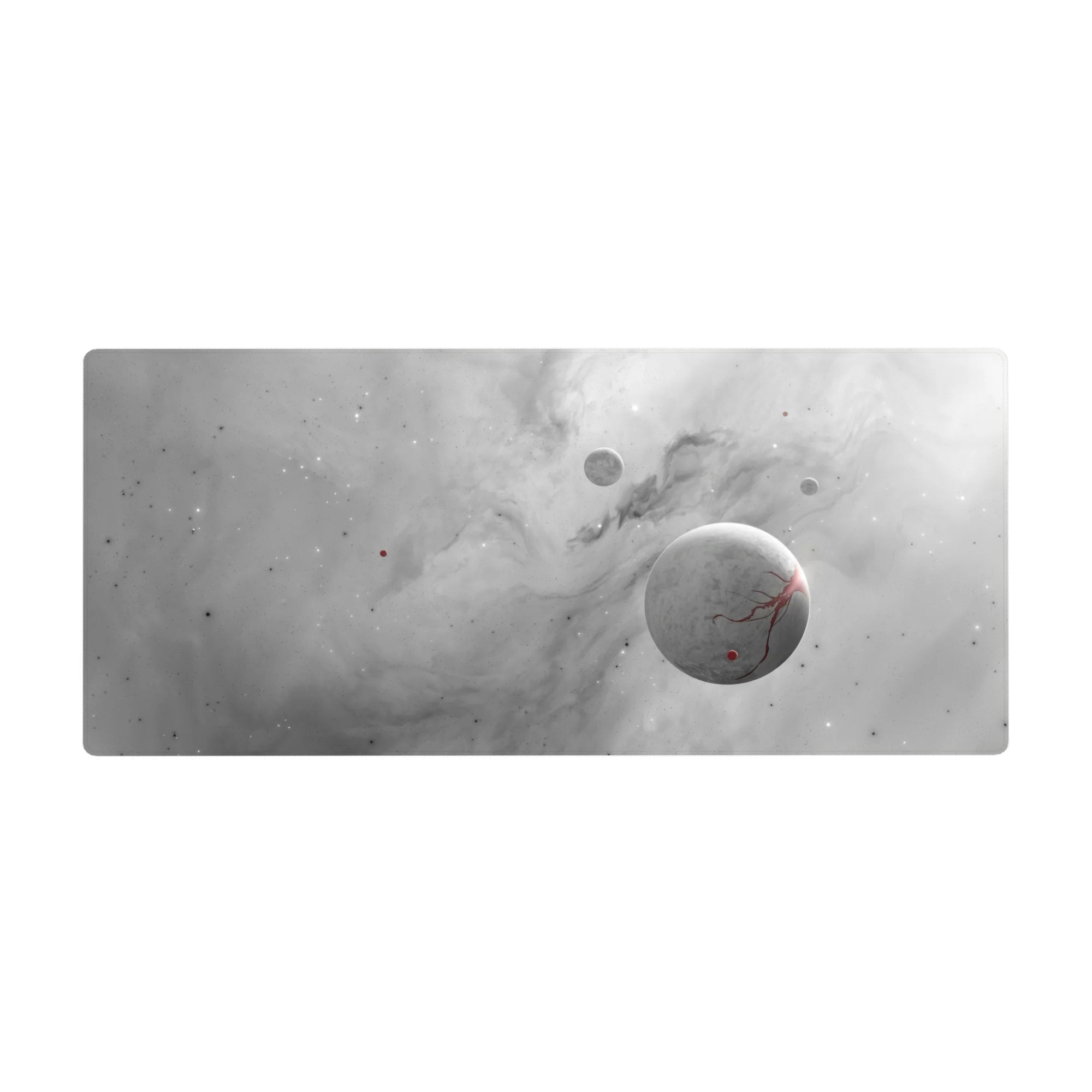 Large 36x16 inch desk pad featuring smoky gray clouds, tiny stars, and soft planetary accents for a calm workspace.