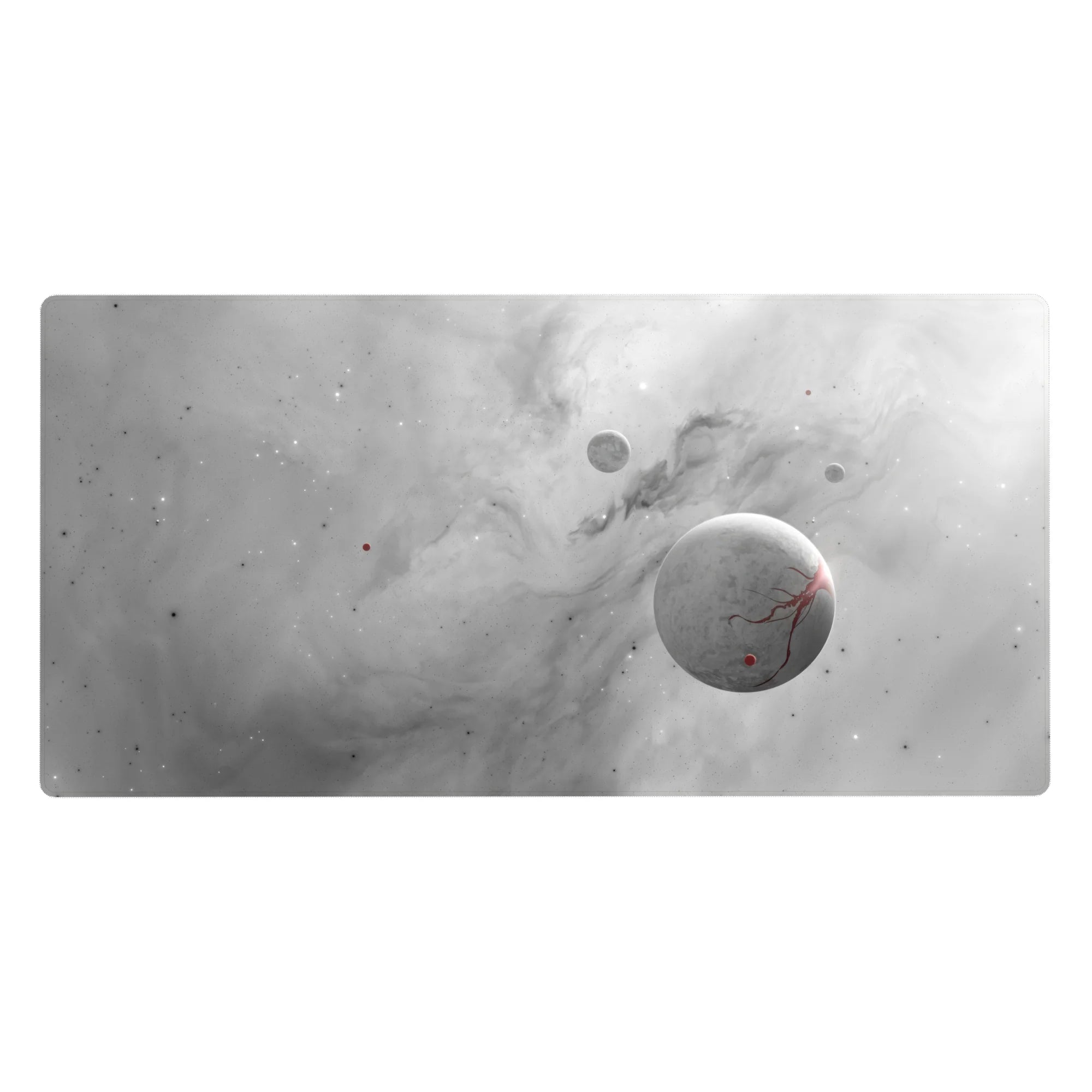 Large 40x20 inch desk pad featuring smoky gray cloud patterns, subtle stars, and soft planetary accents.