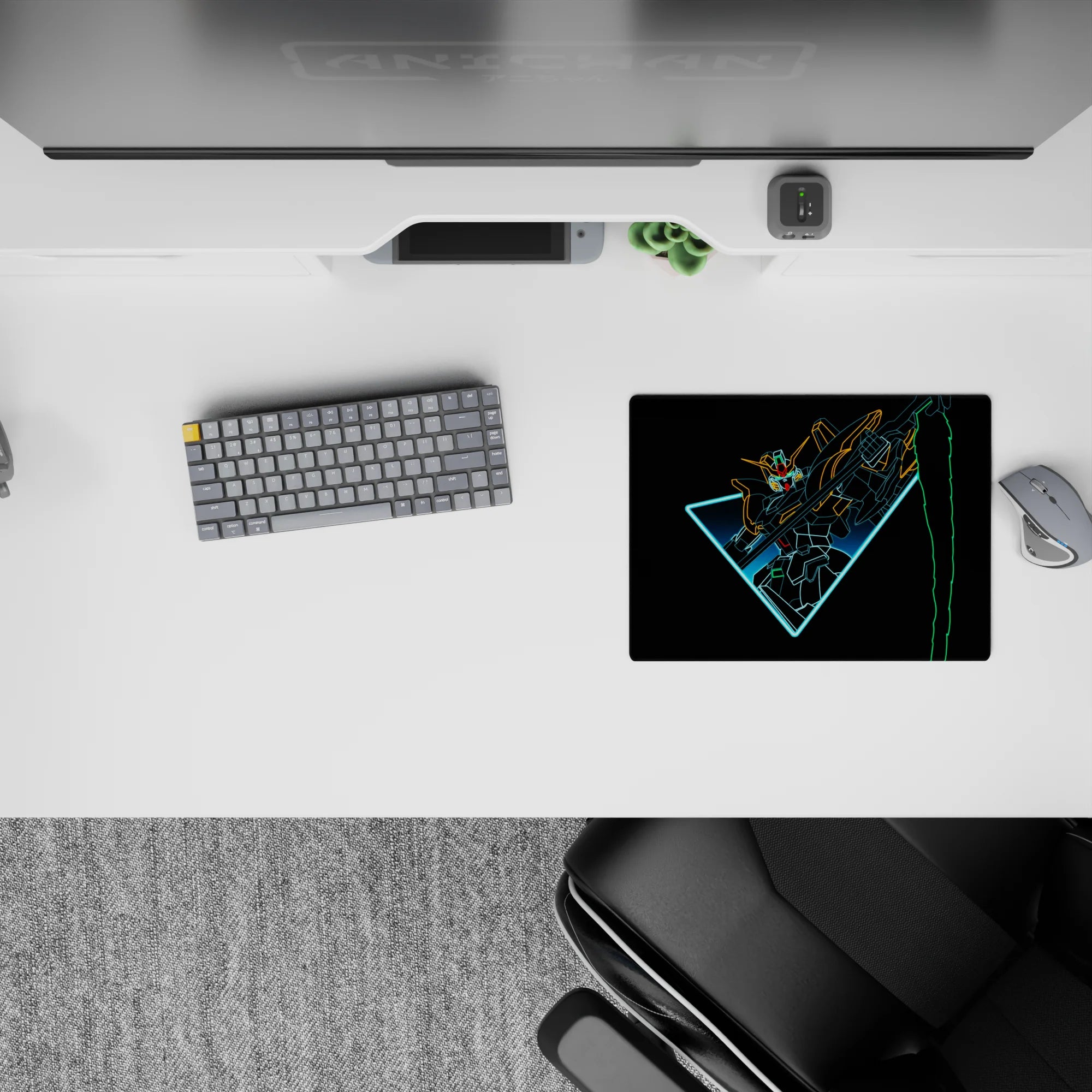 Anime mouse pad 14x10 inches with cyan glow triangle, orange and lime accents, high-contrast dramatic look.