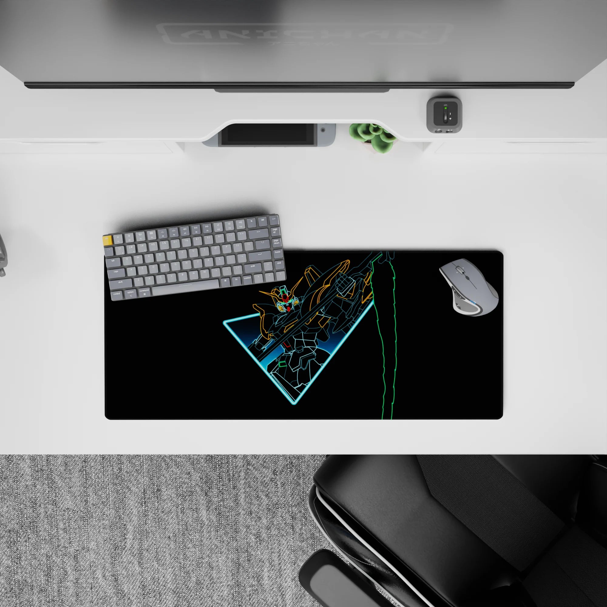 28x12 inches anime mouse pad in cyan glow with orange and lime accents, dramatic high-speed vibe.