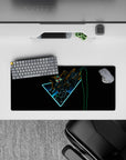 28x12 inches anime mouse pad in cyan glow with orange and lime accents, dramatic high-speed vibe.
