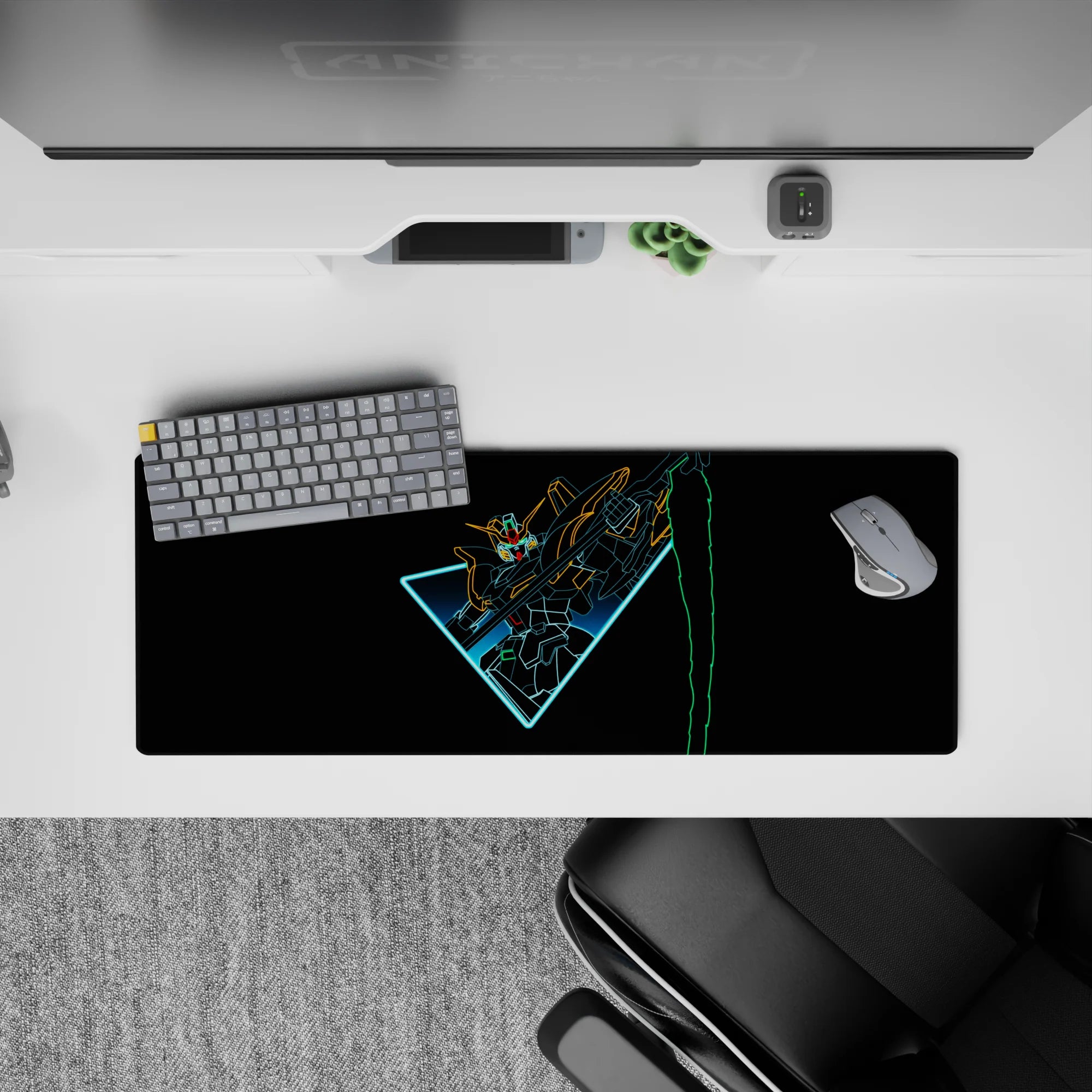 32x12 inches anime mouse pad in cyan glow with orange and lime accents, high-contrast futuristic vibe.