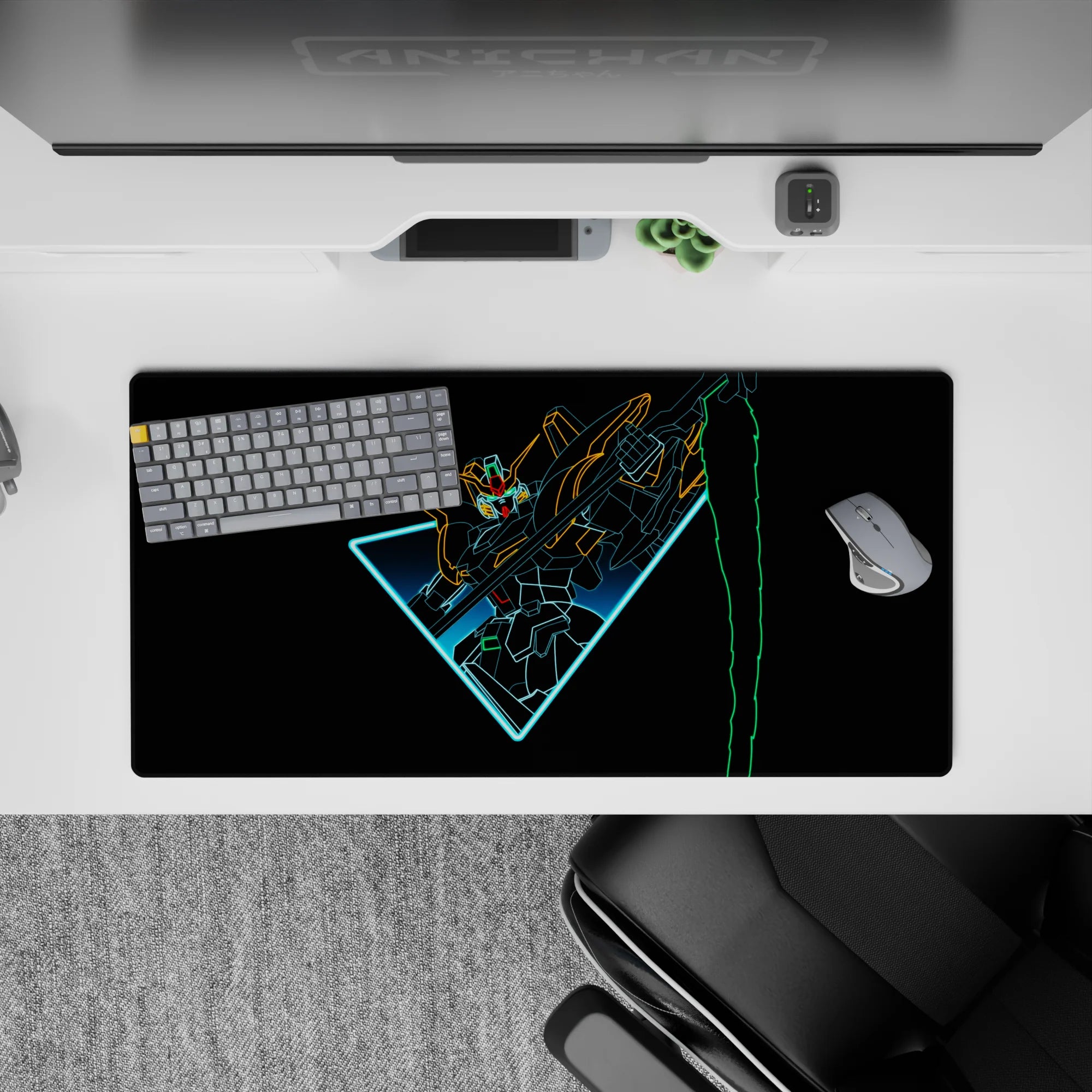 32x16 inches anime mouse pad with cyan glow triangle, orange and lime accents, dramatic neon sci-fi vibe.