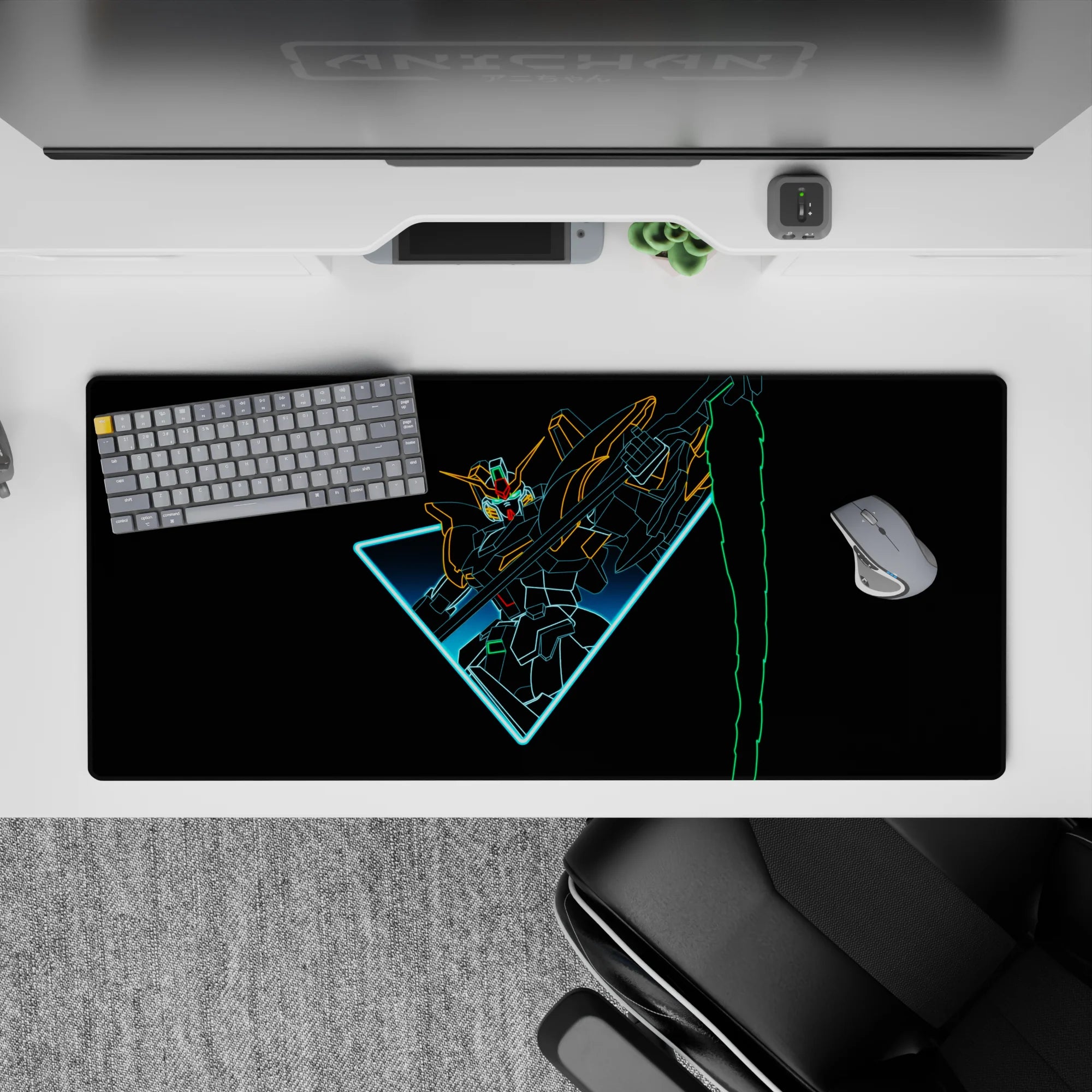 36x16 inches anime desk pad in cyan glow with orange and lime accents, dramatic high-speed vibe.