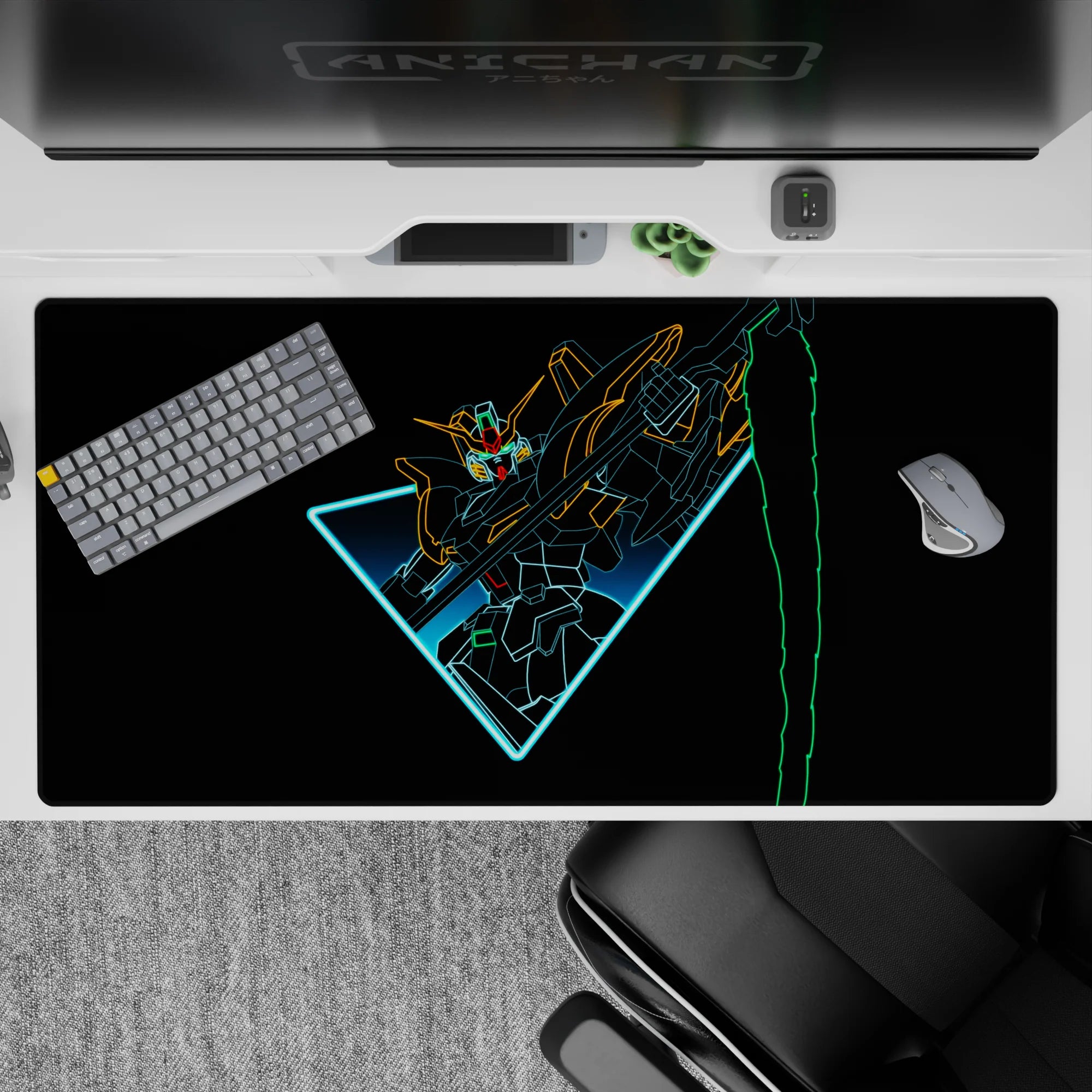 40x20 inches anime desk pad with cyan glow, orange and lime accents, sleek dark space, dramatic vibe.