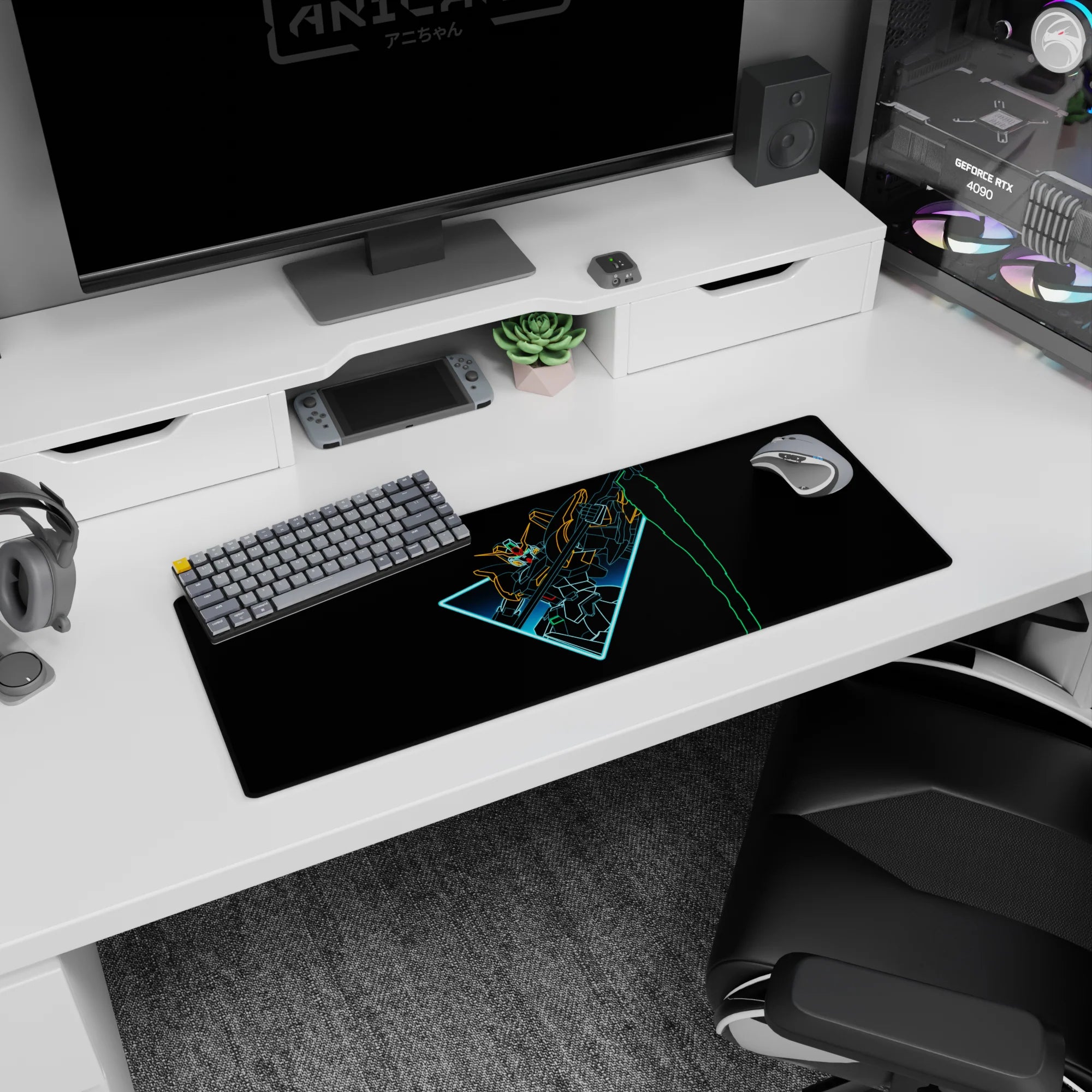 32x12 inches anime mouse pad featuring Gundam Wing Wing Gundam Zero slicing through a black void in a bold pose.