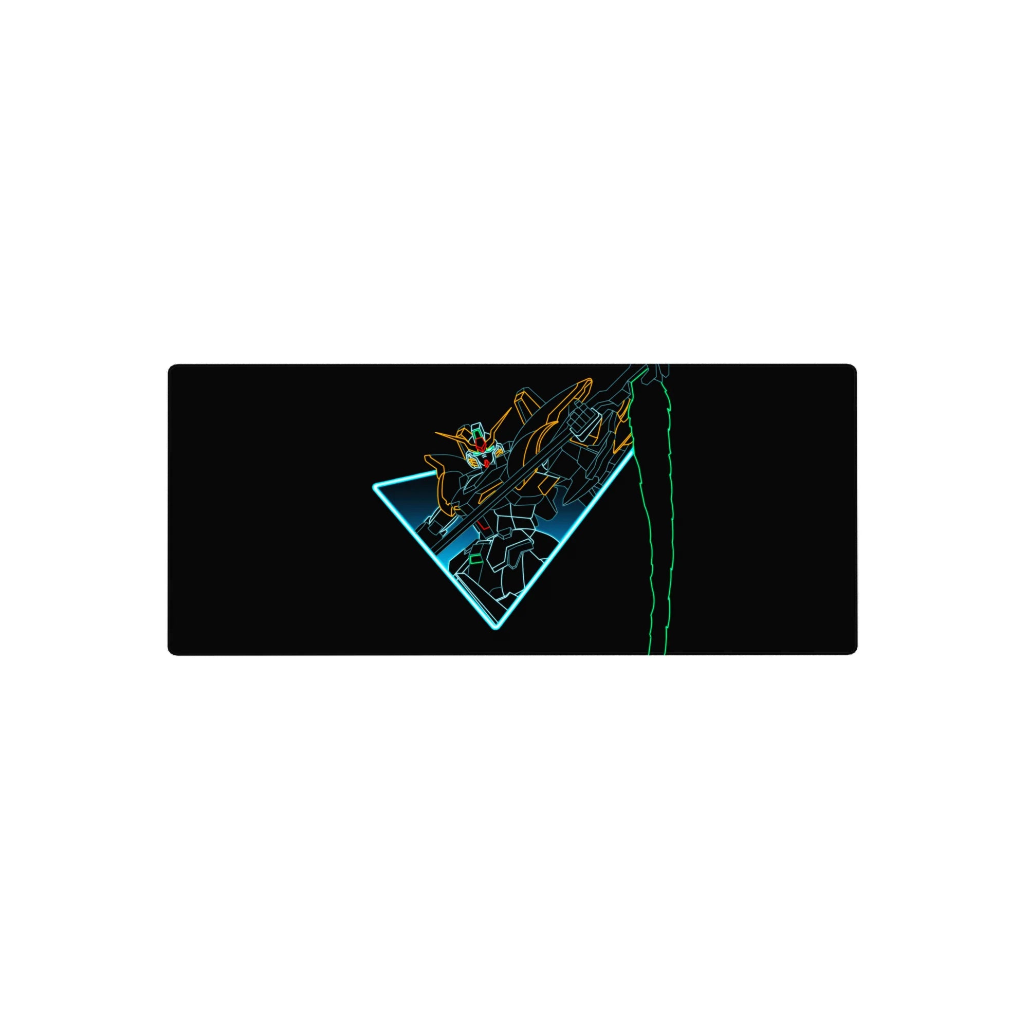28x12 inches anime mouse pad with Wing Gundam Zero neon line art on black, sharp triangle cockpit design.