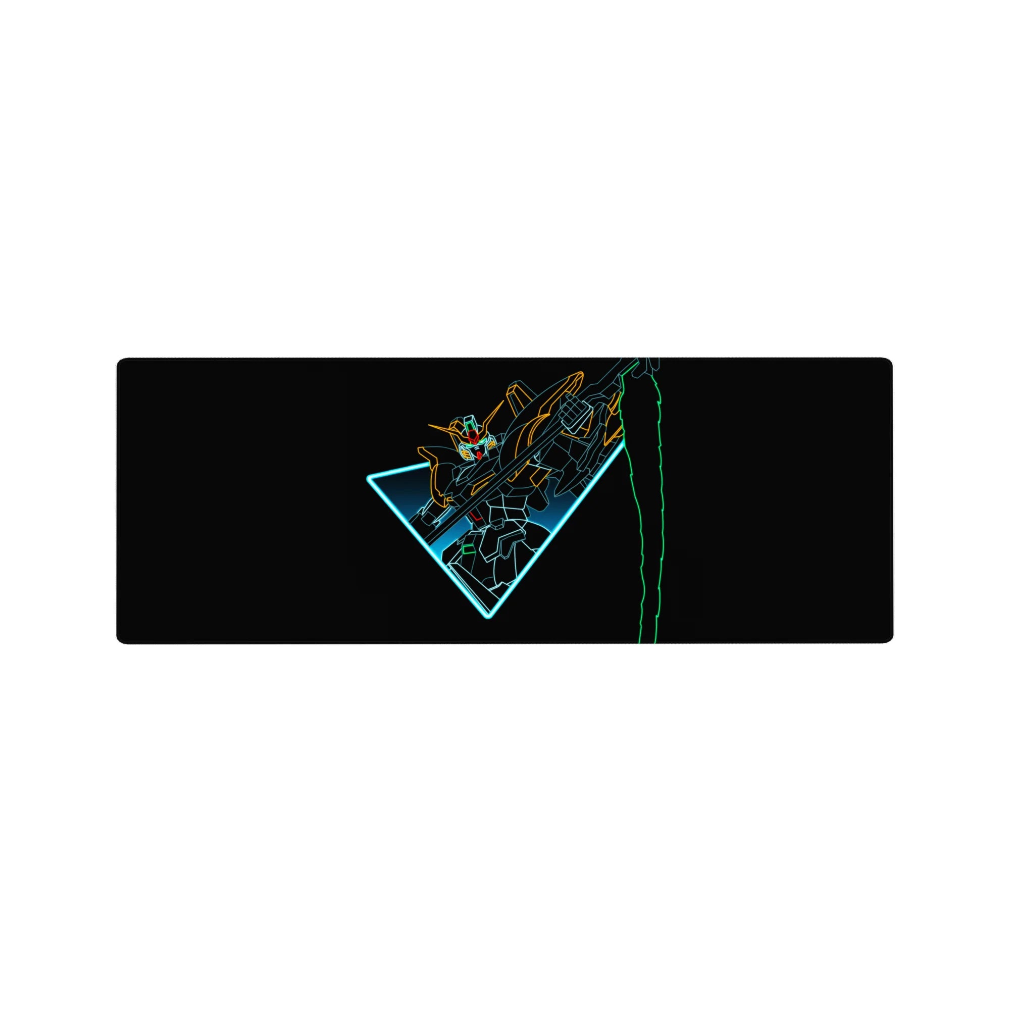 32x12 inches anime mouse pad with Wing Gundam Zero neon line art on black, sleek cockpit-style desk mat.