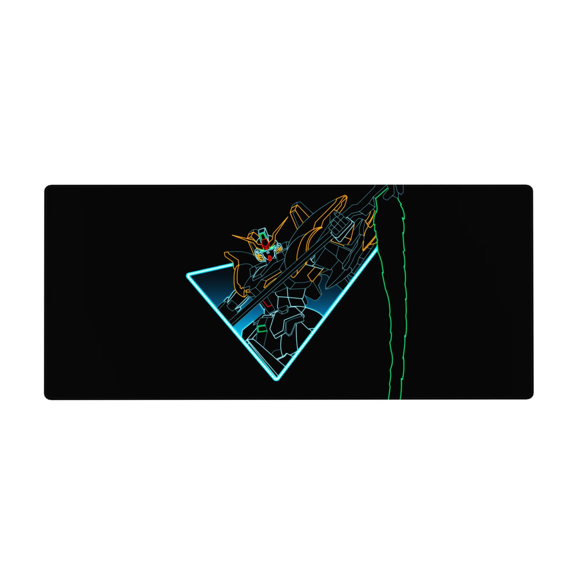 36x16 inches anime desk pad with Wing Gundam Zero neon line art on black, sharp triangle frame.
