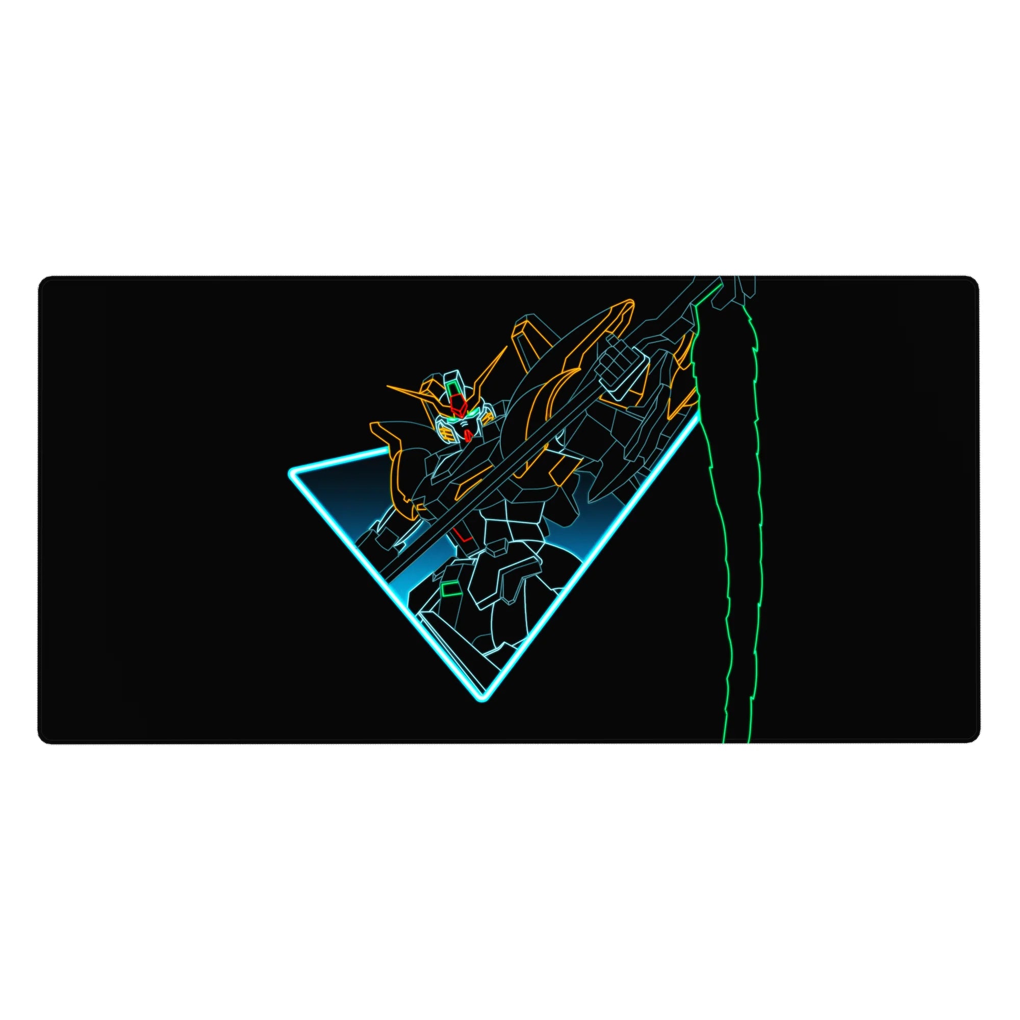 40x20 inches anime desk pad with Wing Gundam Zero in neon line art on black, sharp triangle frame.