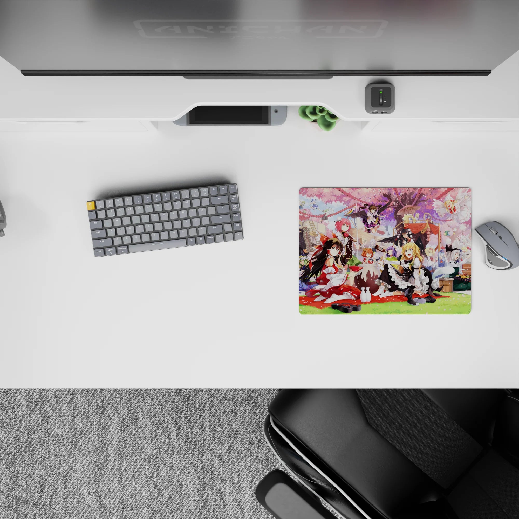 Pink and soft purple anime girl mouse pad 14x10 inches, playful magical spring picnic mood.