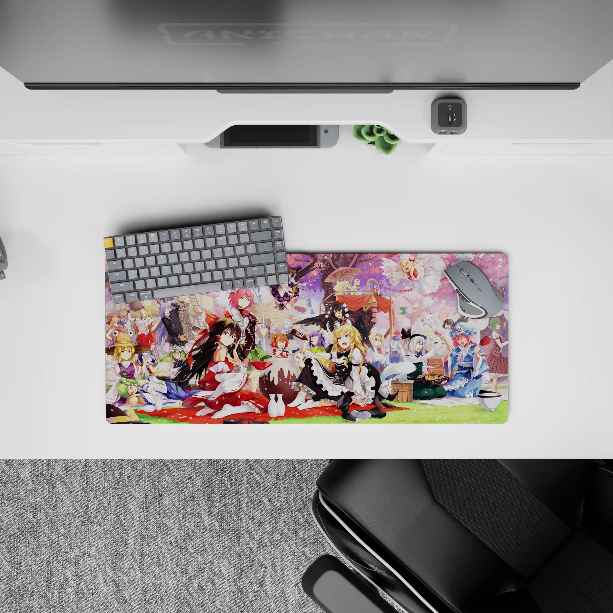 28x12 inches anime girl mouse pad in pink and soft purple, lively magical spring picnic vibe.