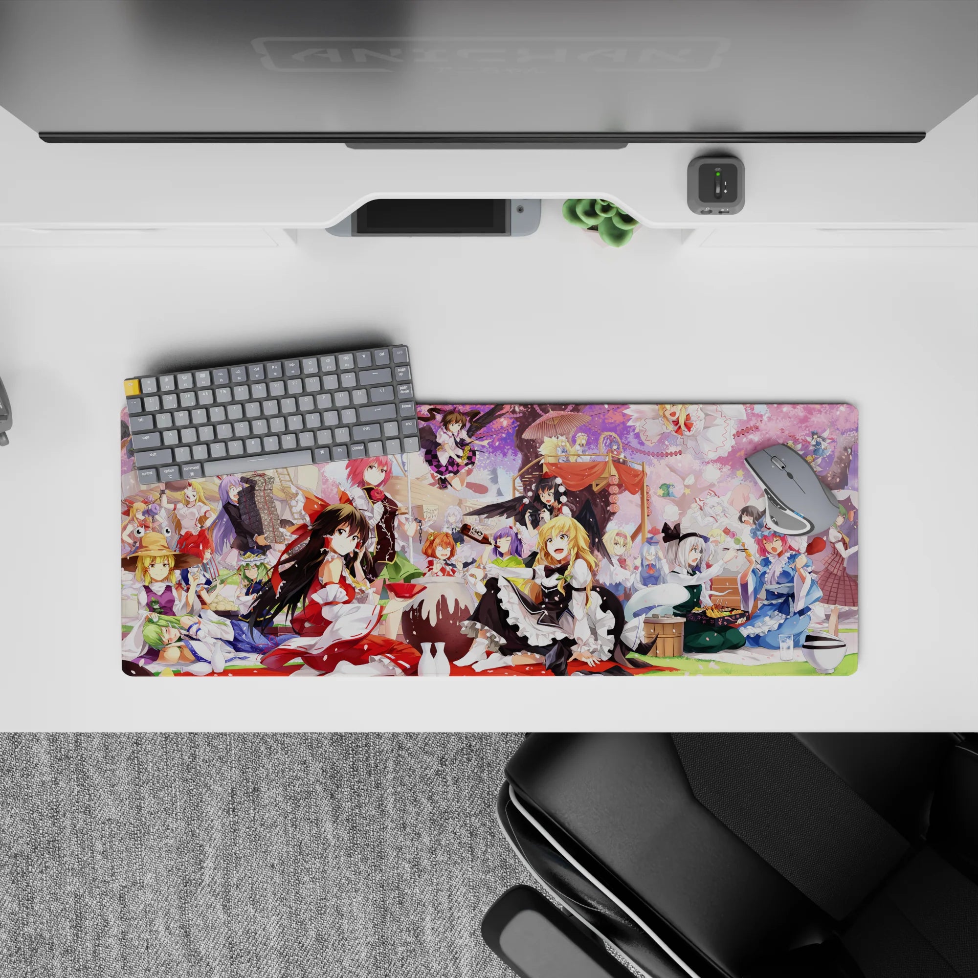 32x12 inches anime girl mouse pad in pinks and soft purples, lively magical spring vibe under blossoms.
