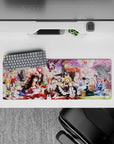 32x12 inches anime girl mouse pad in pinks and soft purples, lively magical spring vibe under blossoms.
