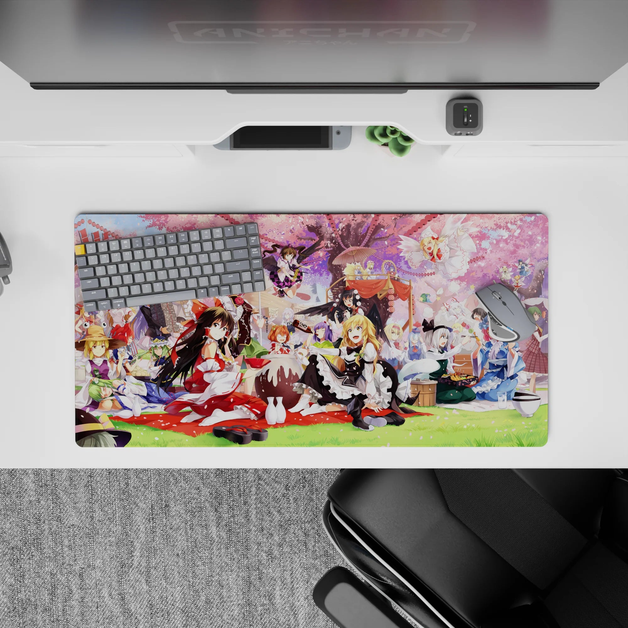 32x16 inches pastel pink and lavender anime mouse pad, lively spring picnic vibe with sparkles and charm.