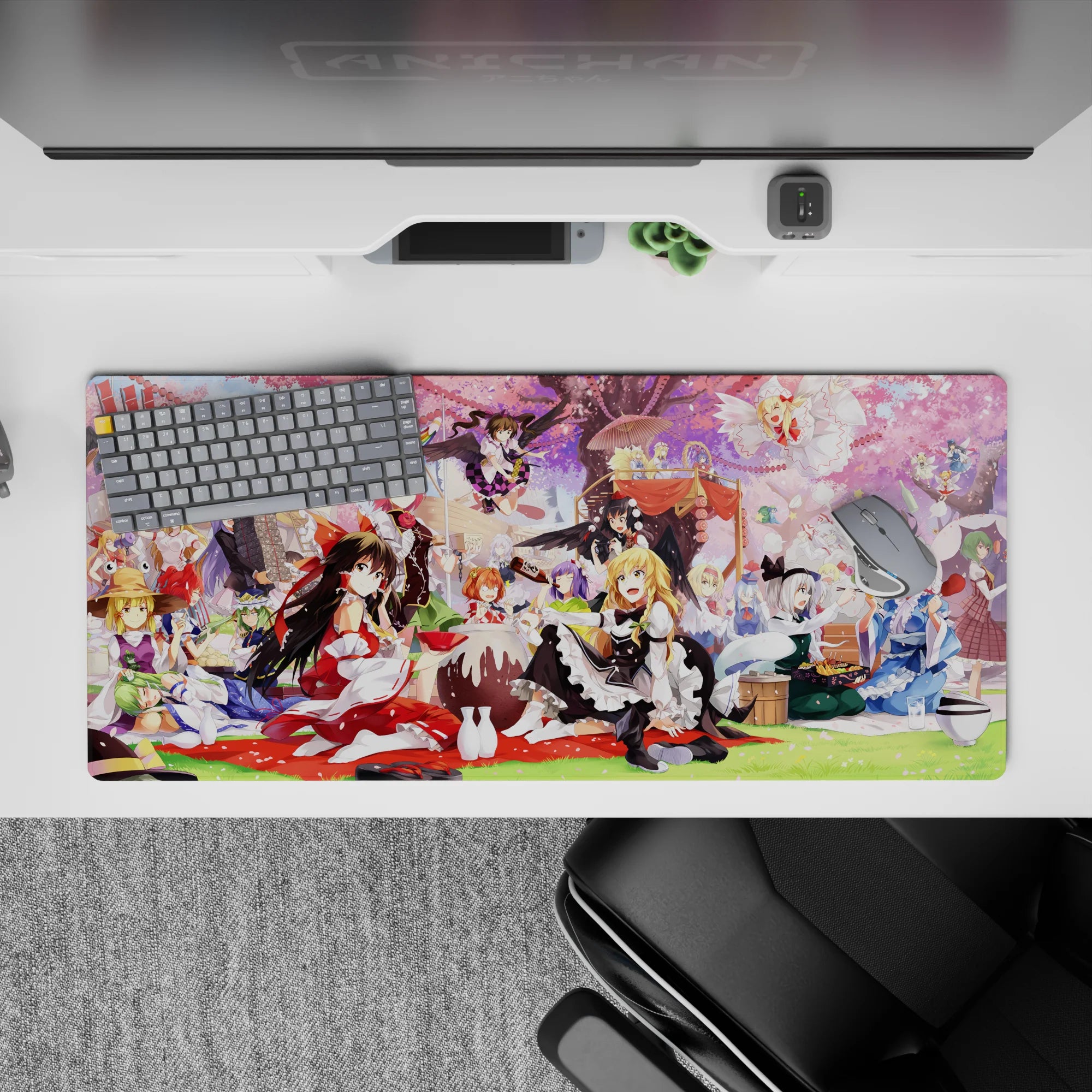 36x16 inches kawaii anime desk pad in pink and soft purple, playful spring magic vibe, smooth tracking.