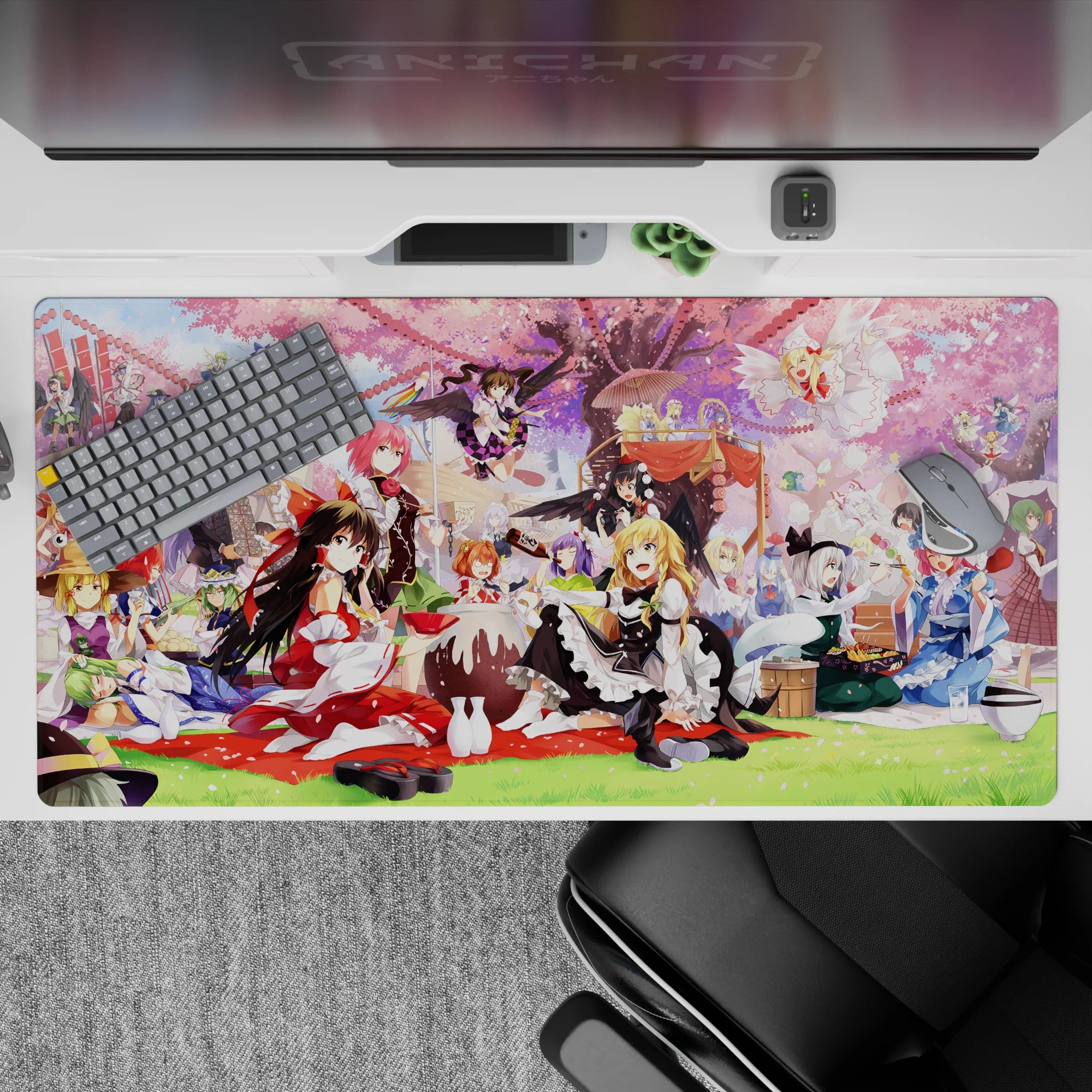 40x20 inches anime girl mouse pad in pink and soft purple, bright playful magic picnic under sakura.