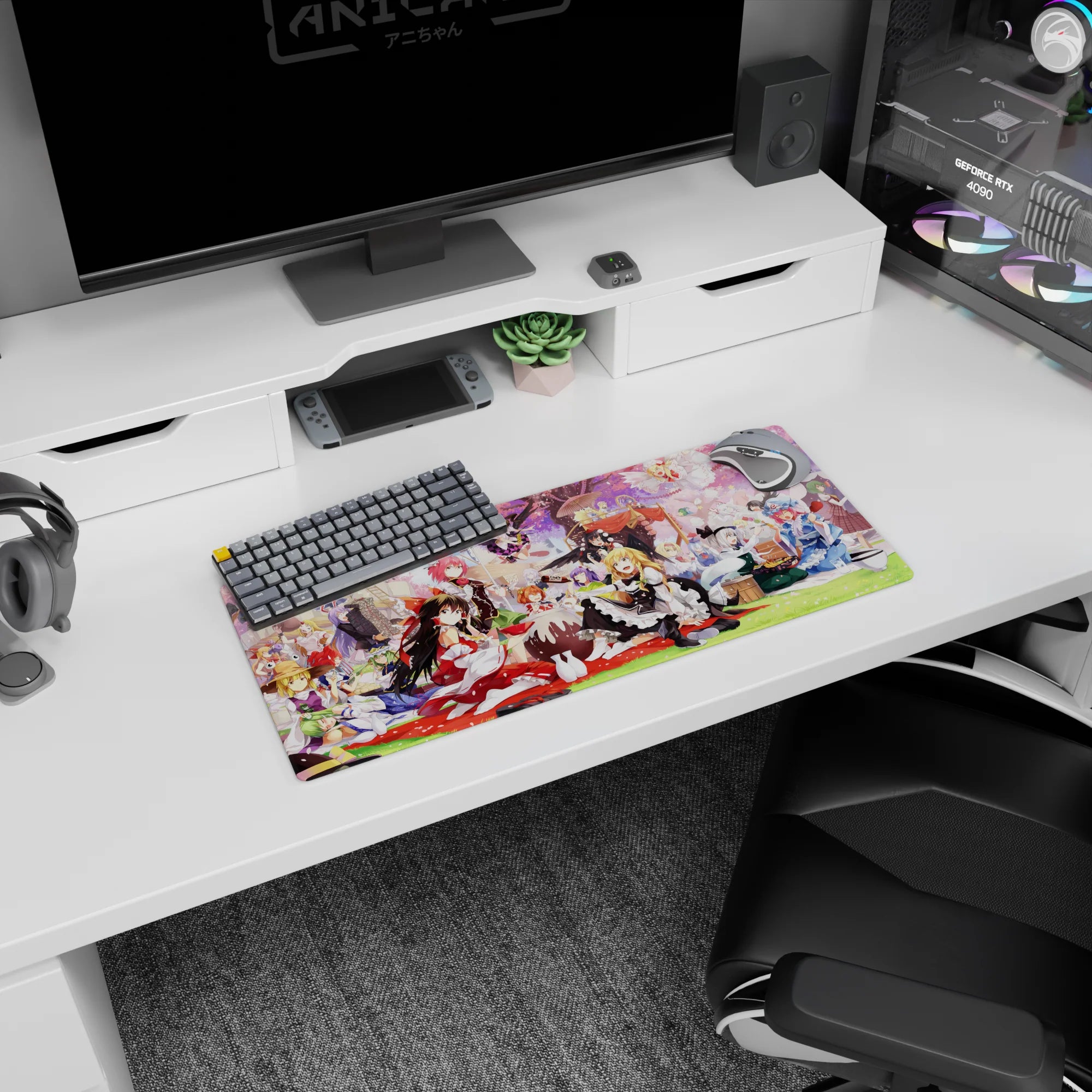 28x12 inches anime girl mouse pad with red-white shrine maiden lounging as friends snack in frilly hats.