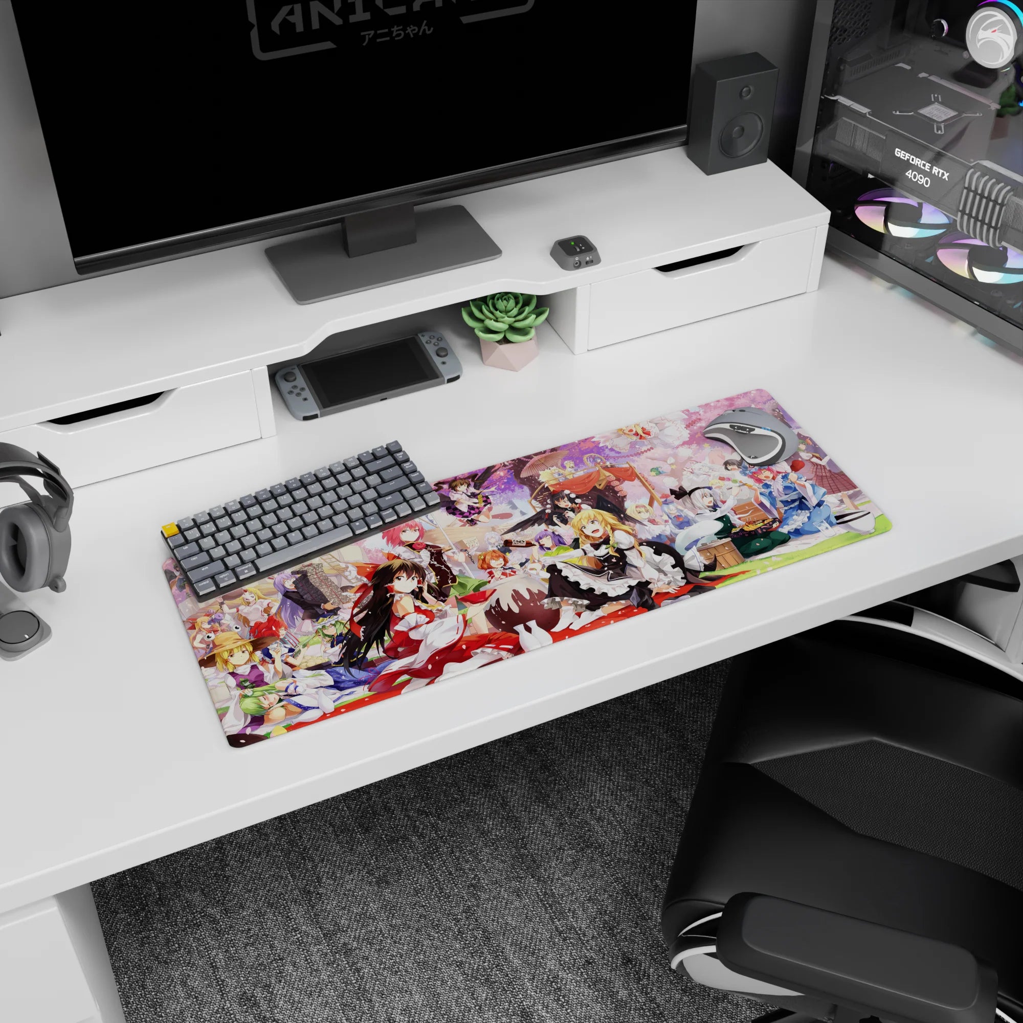 32x12 inches anime girl mouse pad with shrine maiden in red and white lounging as friends snack and pose.