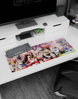 32x12 inches anime girl mouse pad with shrine maiden in red and white lounging as friends snack and pose.