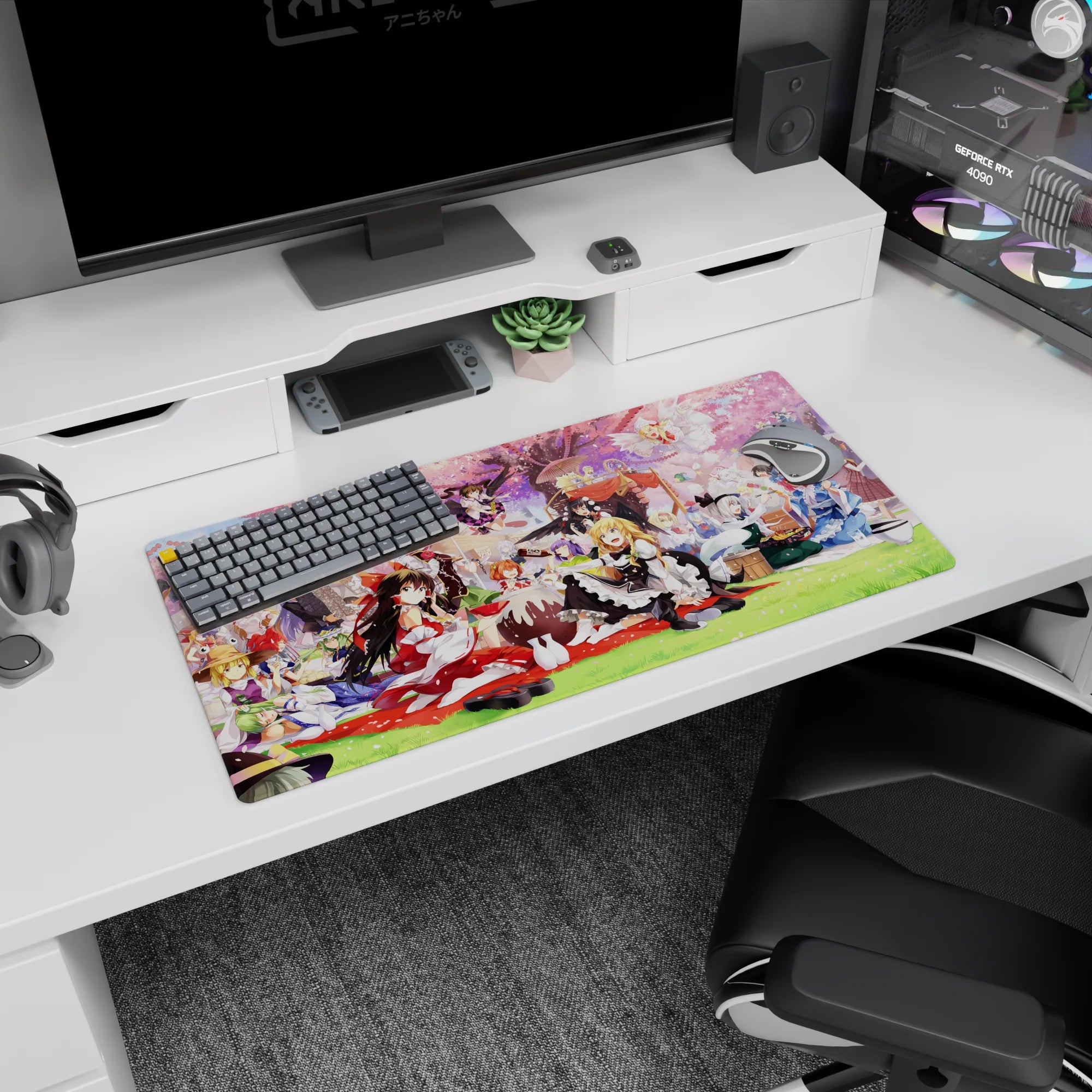 32x16 inches anime girl mouse pad showing a shrine maiden in red and white lounging at a picnic with friends.
