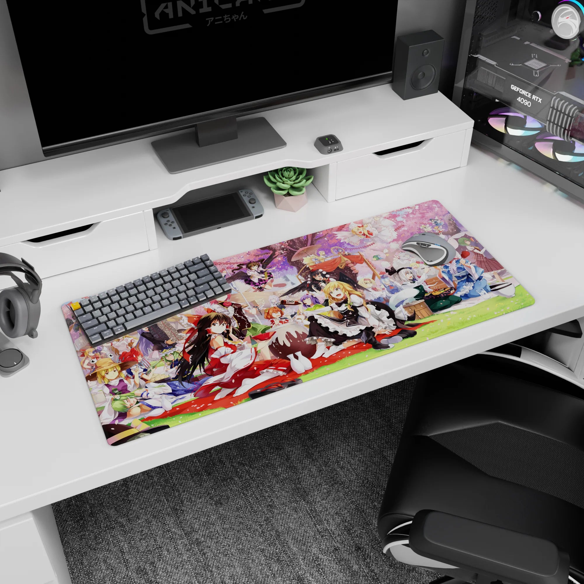 36x16 inches anime mouse pad showing shrine maiden in red-white lounging as friends snack in frilly aprons.