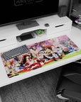 36x16 inches anime mouse pad showing shrine maiden in red-white lounging as friends snack in frilly aprons.
