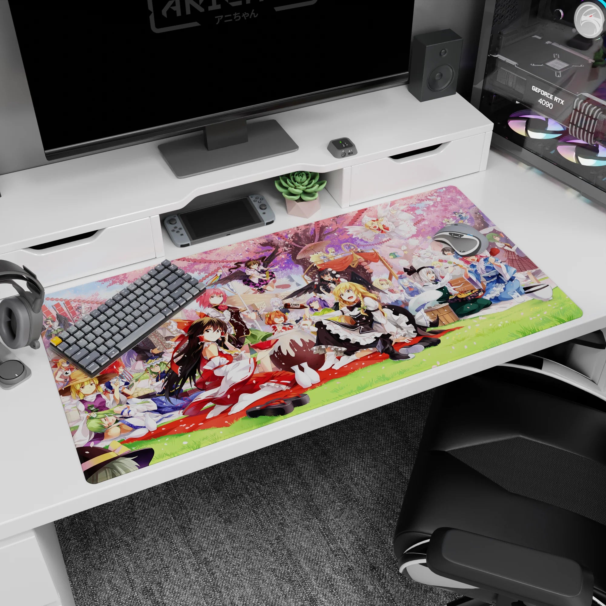 40x20 inches desk pad showing a red-white shrine maiden lounging as friends snack and pose in frilly aprons.