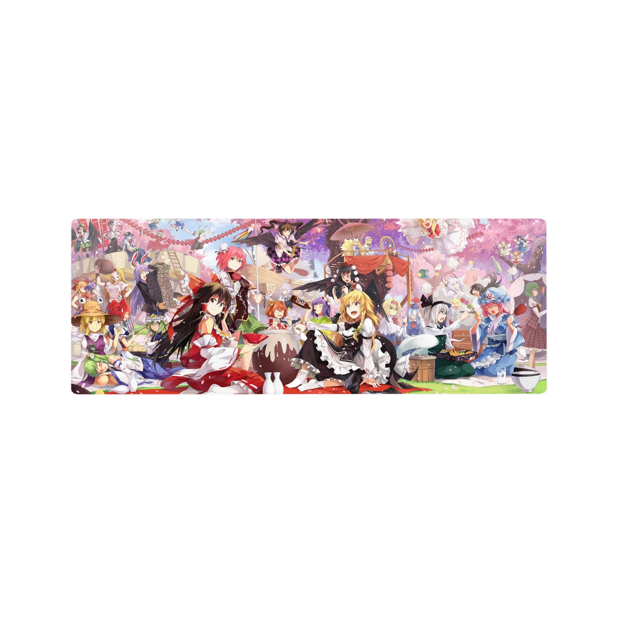 32x12 inches anime girl mouse pad with cherry blossom picnic, ribbons, lanterns, wings, and cute details.