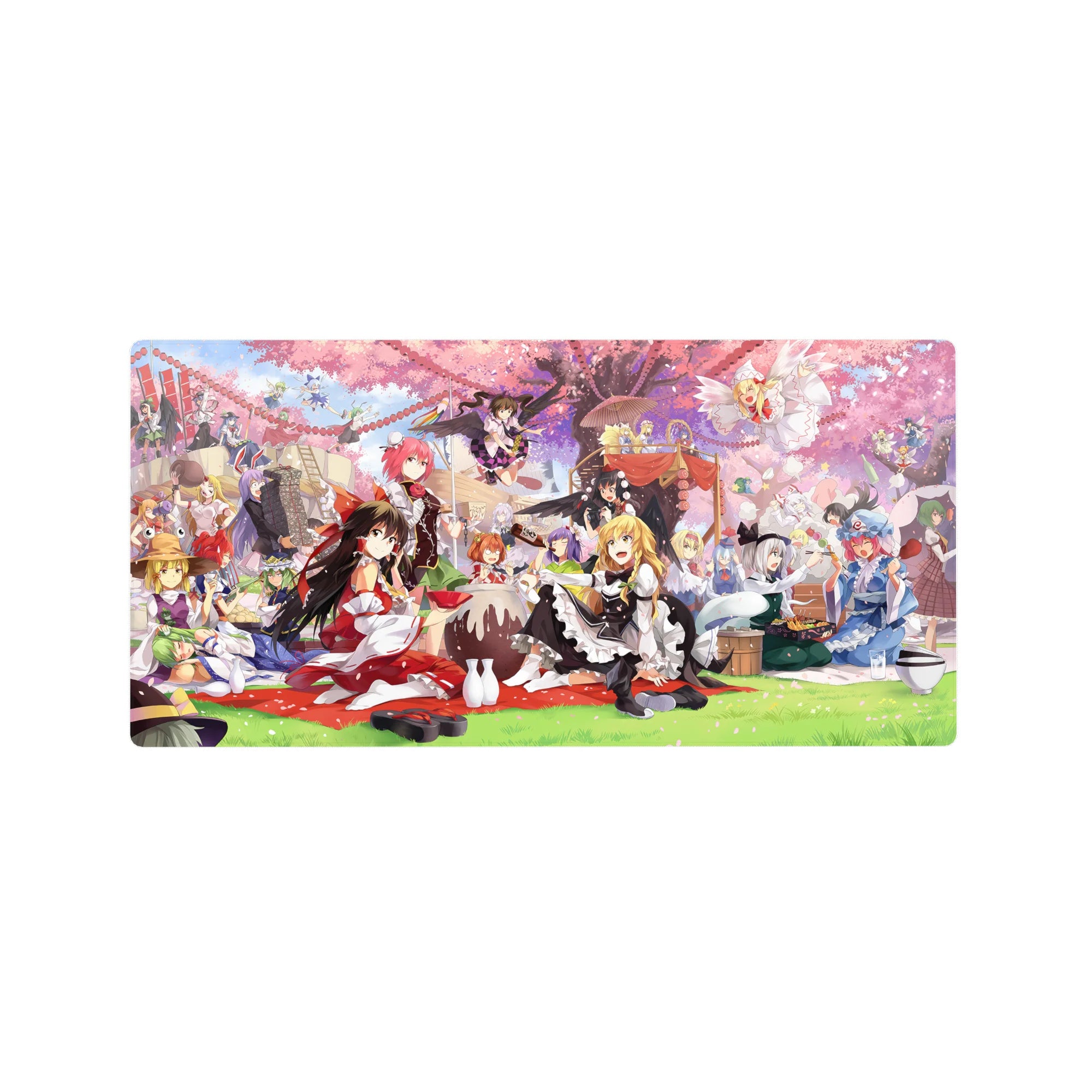32x16 inches anime girl mouse pad with cherry blossom picnic, ribbons, lanterns, and cute magical details.