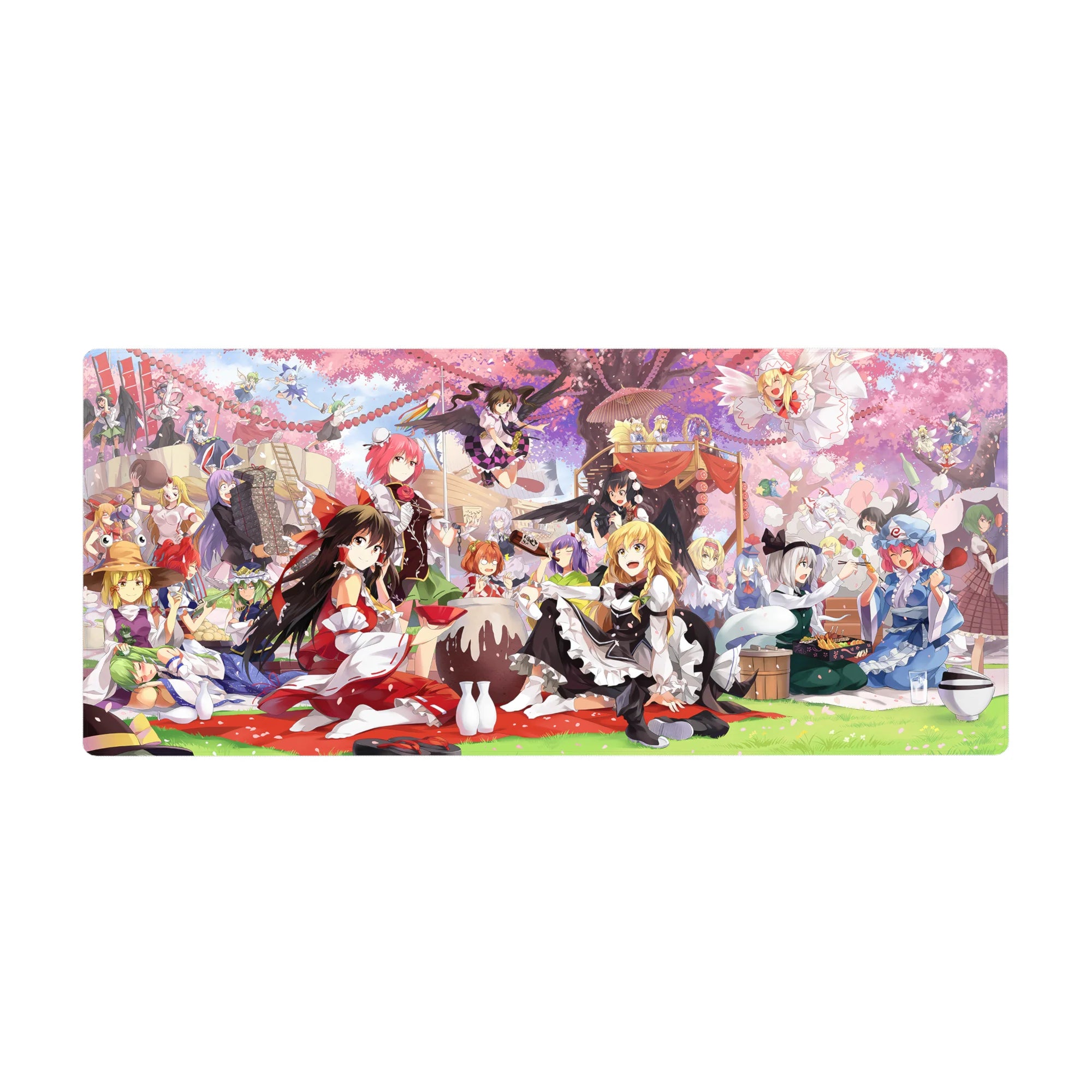 36x16 inches anime girl desk pad with cherry blossom picnic, shrine maiden, witches, ribbons, lanterns.