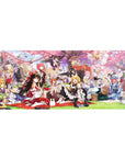 36x16 inches anime girl desk pad with cherry blossom picnic, shrine maiden, witches, ribbons, lanterns.