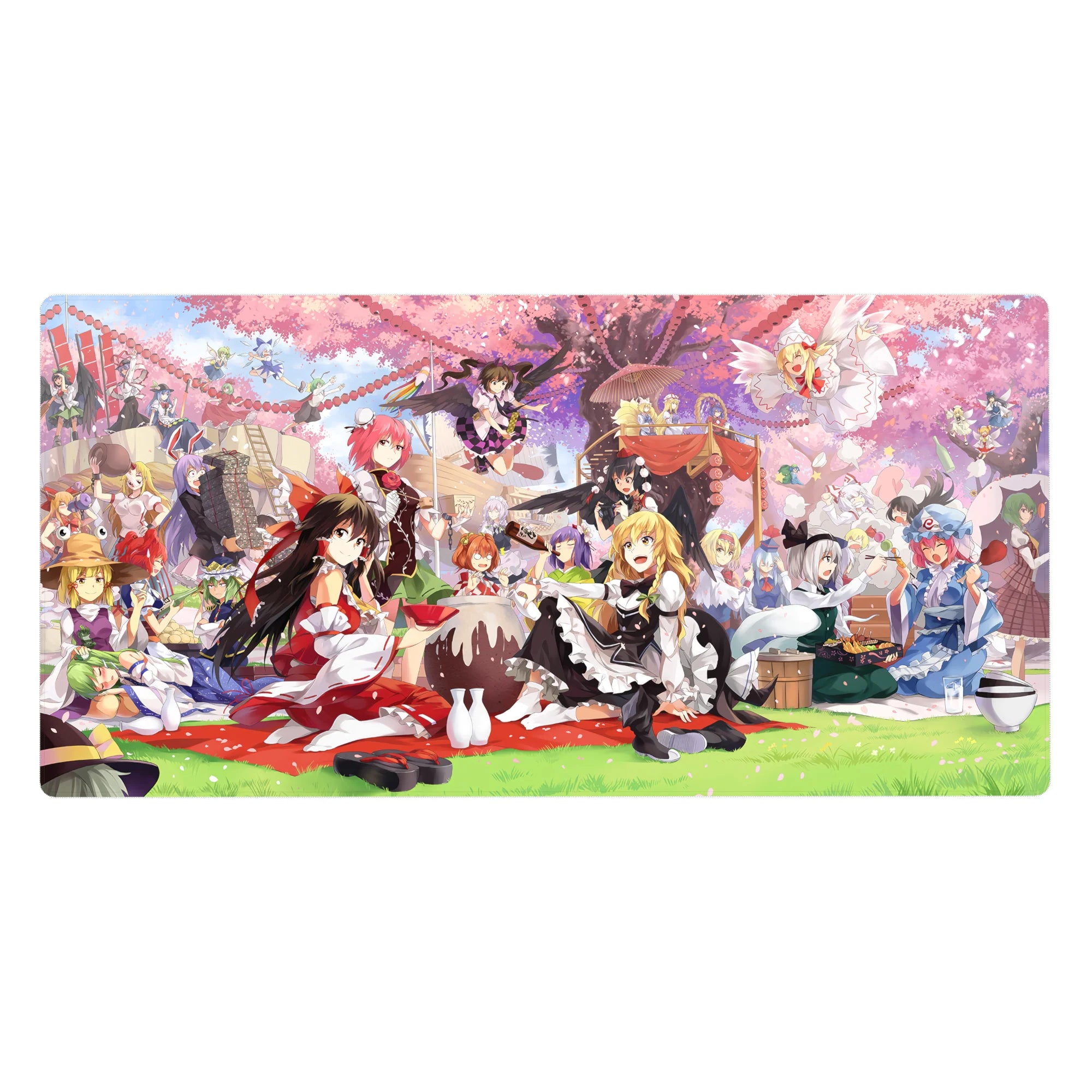 40x20 inches anime girl desk pad with cherry blossom picnic, shrine maiden, witch hats, ribbons and lanterns.
