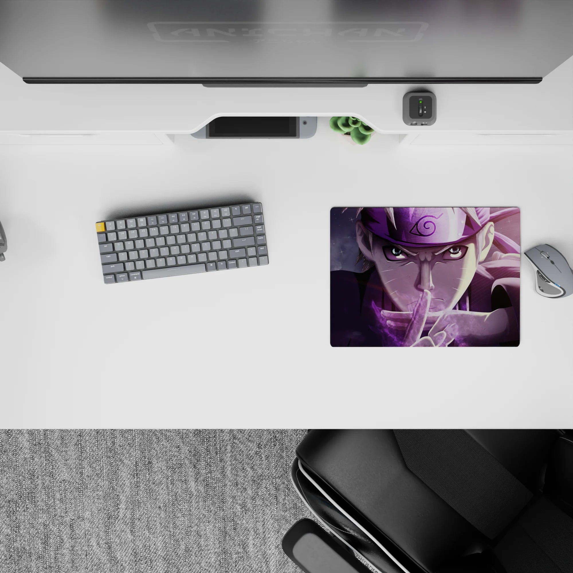 Smoky purple anime mouse pad 14x10 inches with sharp highlights, warm energy, and a dangerous vibe.