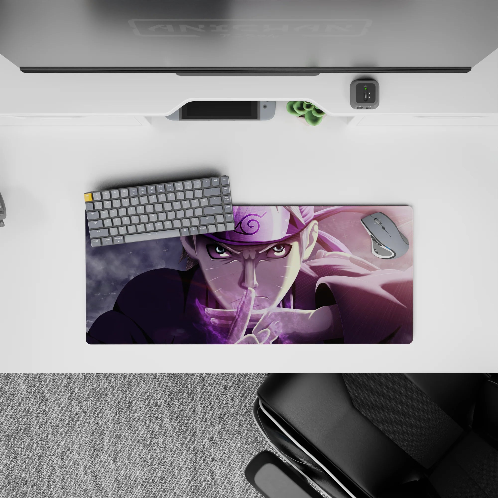 28x12 inches anime mouse pad in smoky purples with sharp highlights, warm fast vibe, and cosmic speckles.
