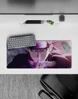 28x12 inches anime mouse pad in smoky purples with sharp highlights, warm fast vibe, and cosmic speckles.