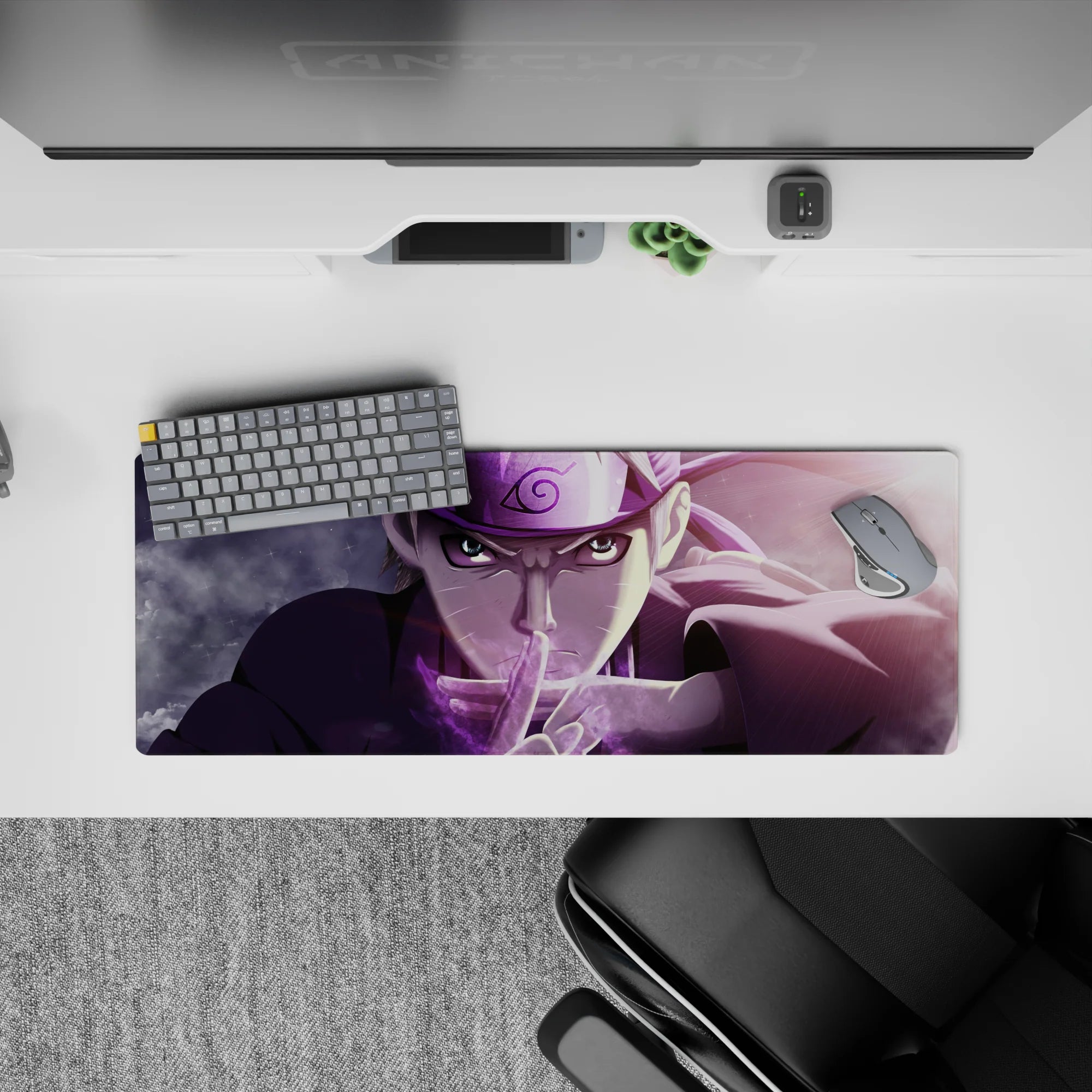 32x12 inches anime mouse pad in smoky purples with sharp highlights and star-speckled shine, intense vibe.
