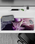 32x12 inches anime mouse pad in smoky purples with sharp highlights and star-speckled shine, intense vibe.