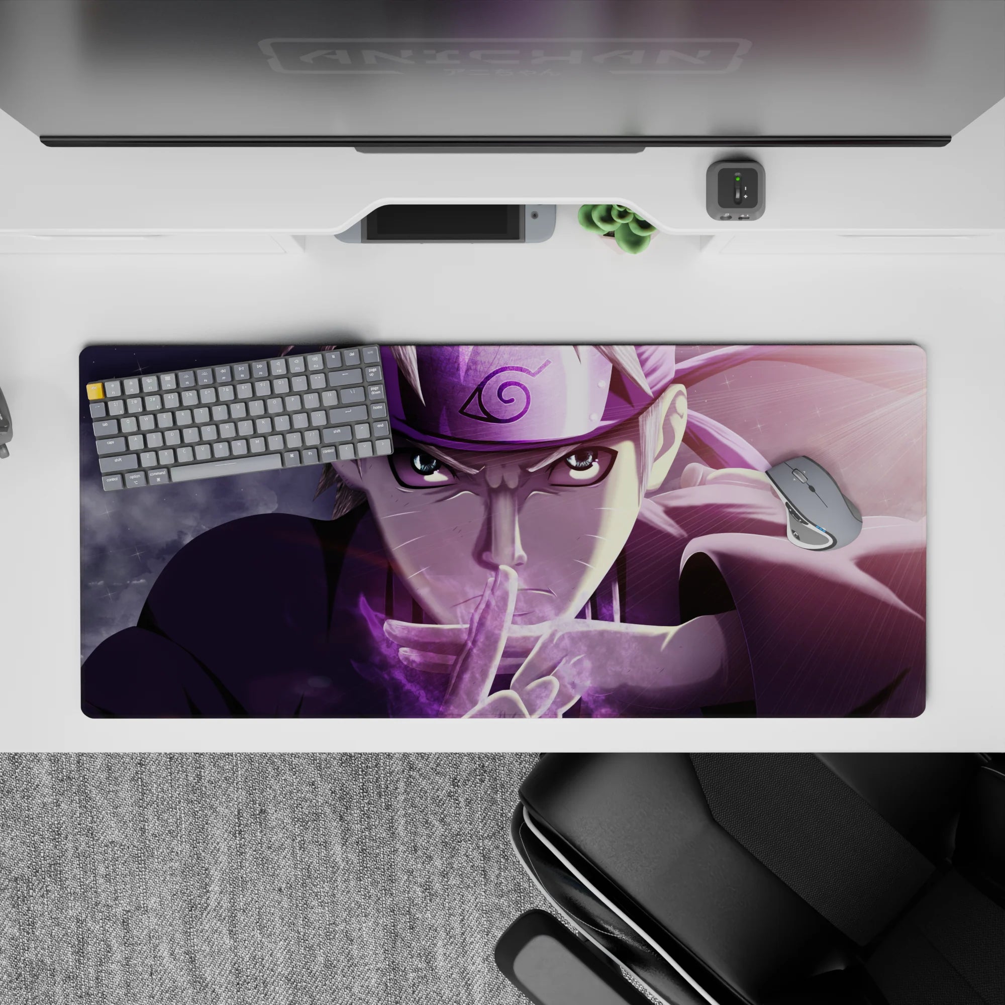 Smoky purple, sharp highlights and soft star-speckled glow anime desk pad 36x16 inches, fast warm vibe.