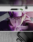 40x20 inches anime mouse pad in smoky purples with sharp highlights, warm fast mission vibe.