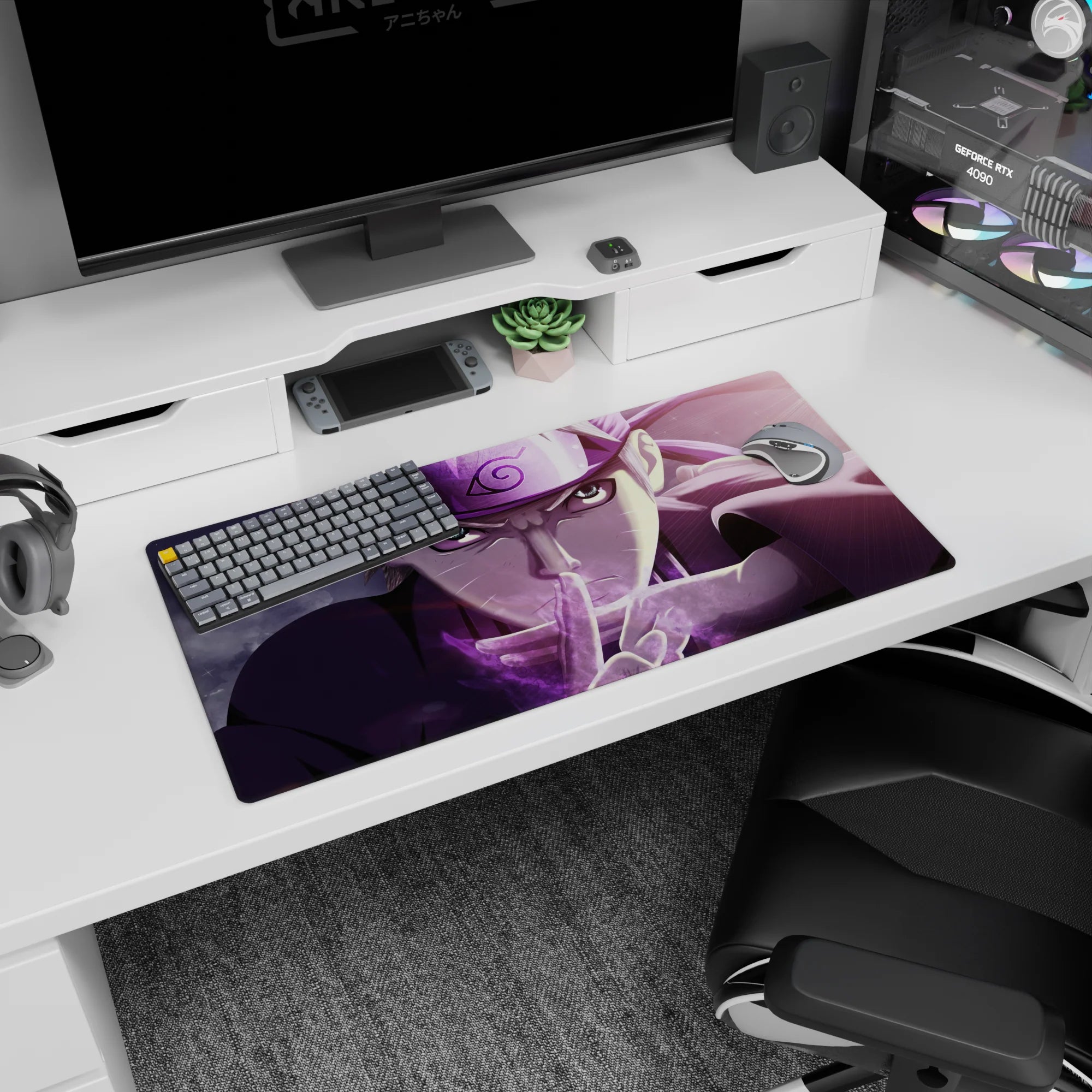 Naruto Uzumaki mid hand-sign, focused stare on an anime mouse pad 32x16 inches for desk setup.
