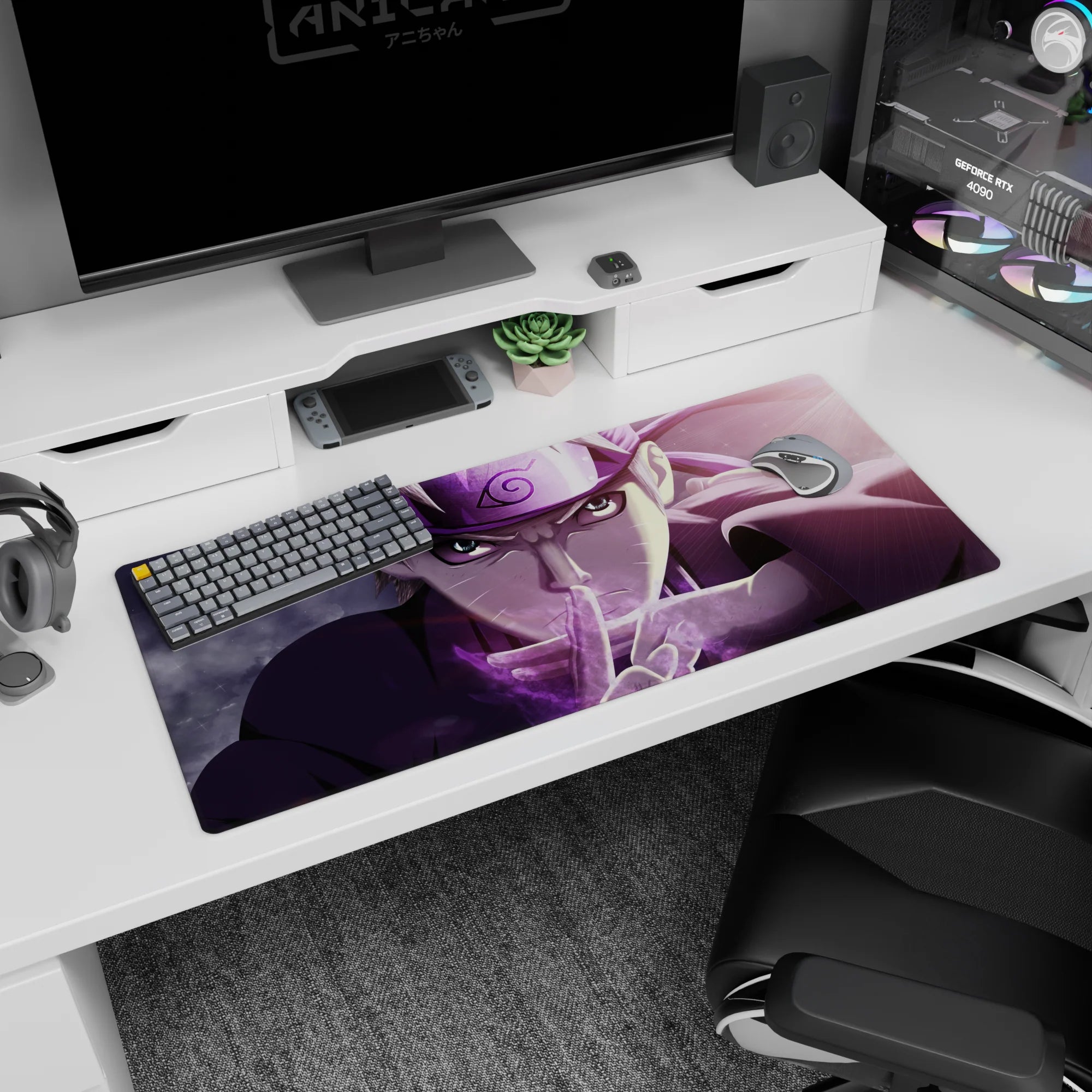 Naruto Uzumaki mid hand-sign, intense gaze, Leaf Village headband anime desk pad 36x16 inches.