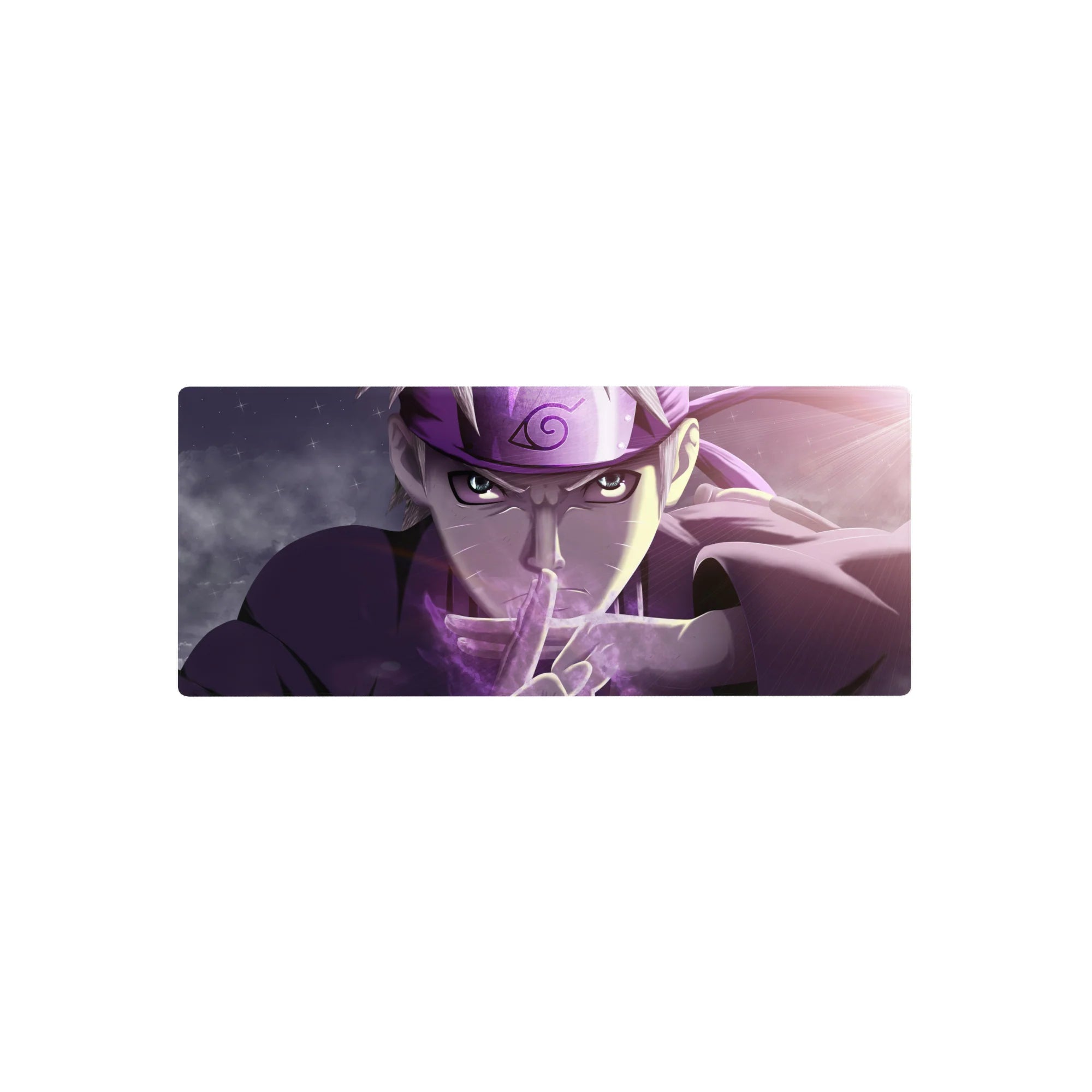28x12 inches anime mouse pad featuring Naruto hand-sign pose with Leaf headband and starry purple glow.