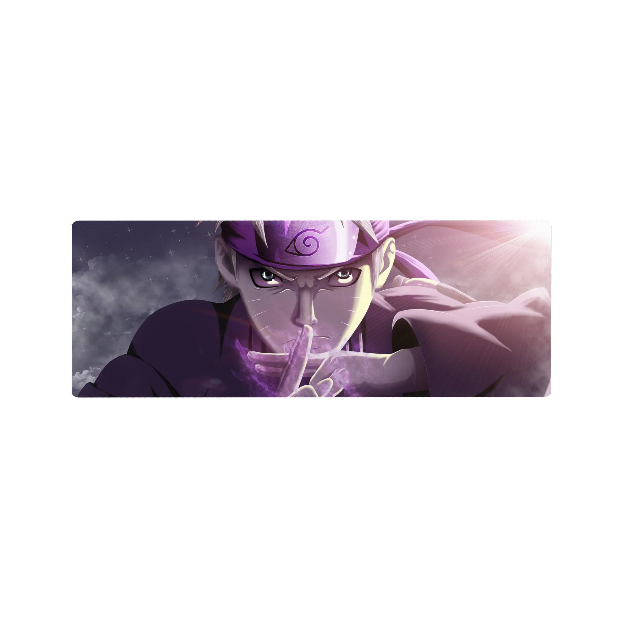 32x12 inches anime mouse pad with Naruto-style ninja art, Leaf headband, hand-sign pose, cosmic glow.